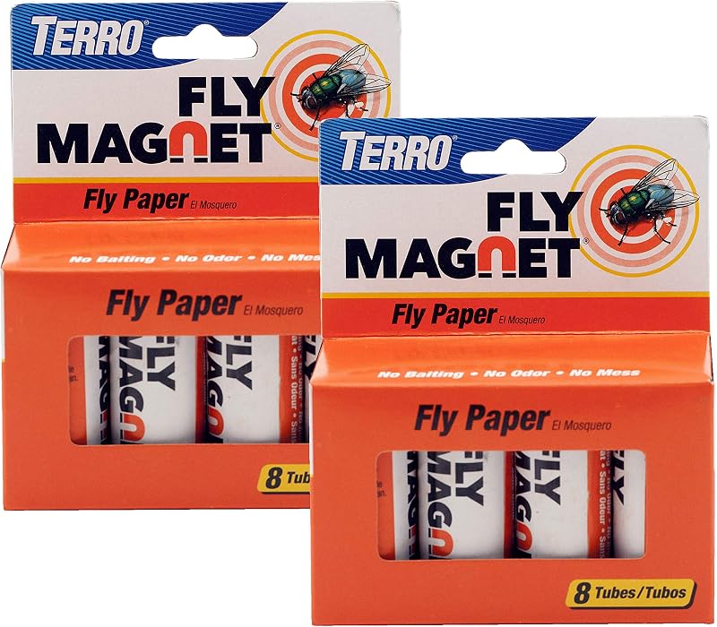 TERRO Fly Magnet 2-Pack, Sticky Fly Paper Traps | Indoor Hanging Ribbon Design, Traps Flies, Gnats, and Flying Insects, 16 Disposable Bug Traps, No Bait, No Odor, No Mess