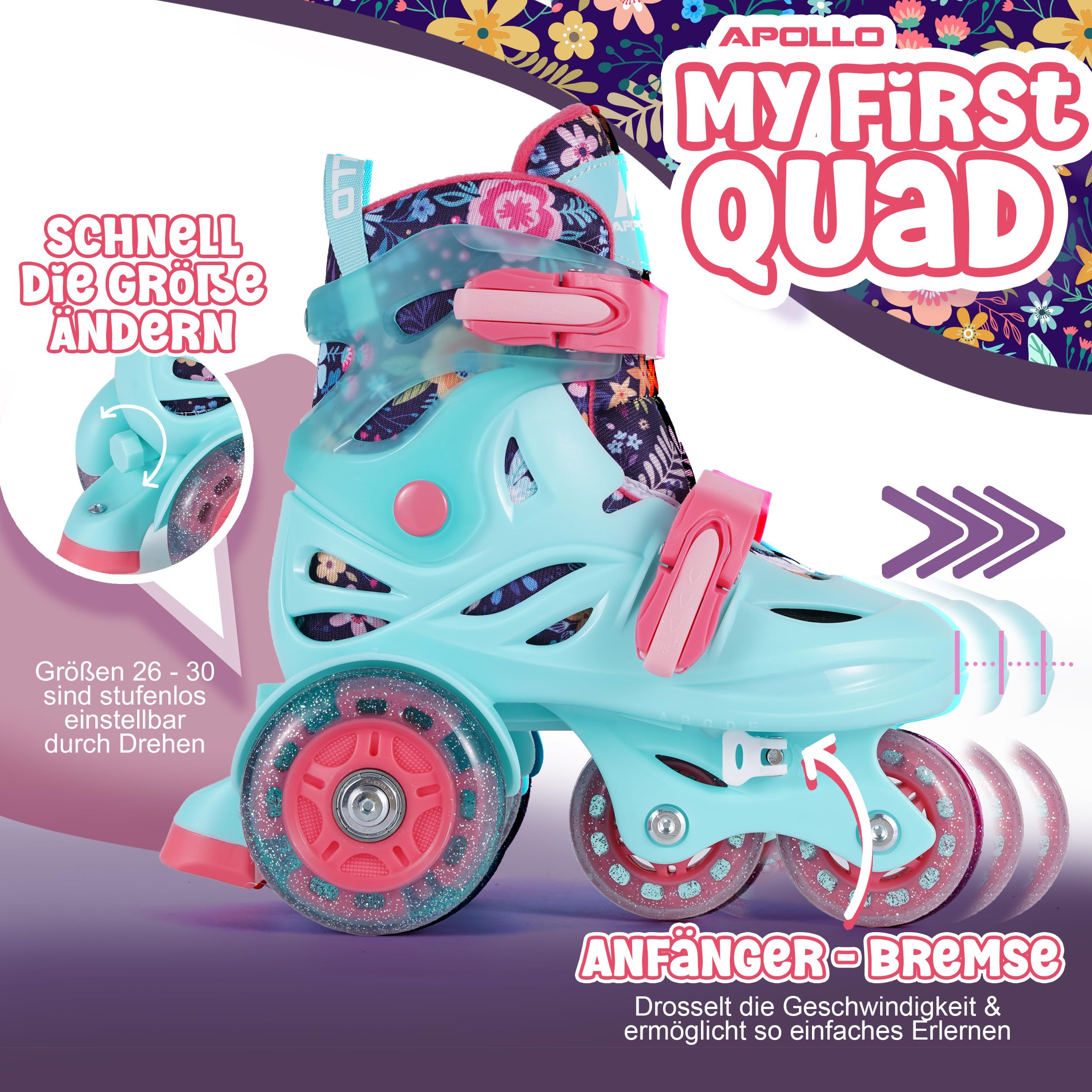 Apollo Kids My 1st Skates Adjustable - verstellbare Rollschuhe für Kinder, Größe 26-30, Roller Skates für Mädchen und Jungen, ideal für Anfänger, Trainings-Rollschuhe mit Doppelbremse