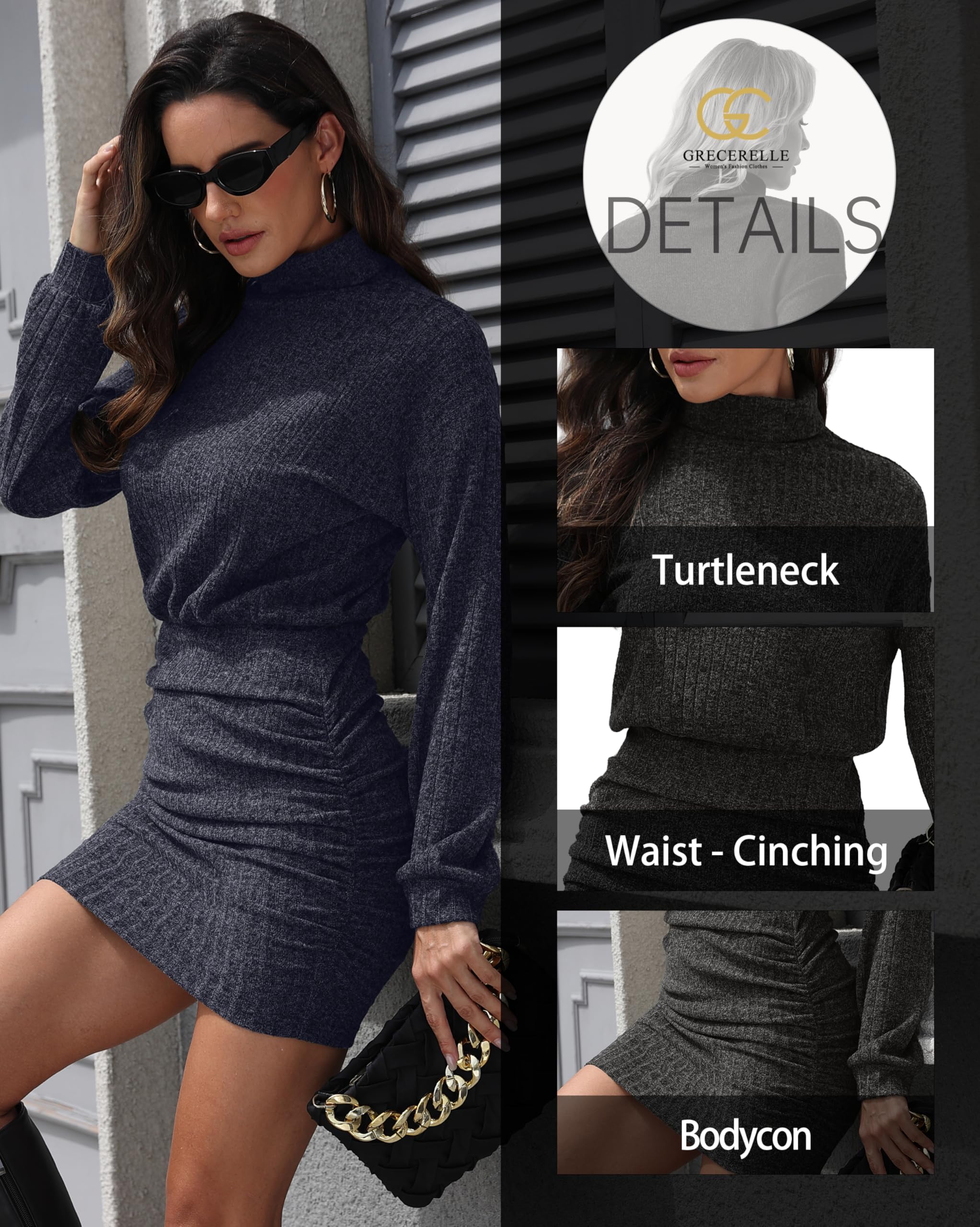 GRECERELLE Robe pull d'hiver sexy à manches longues et col roulé avec taille élastique, côtés froncés