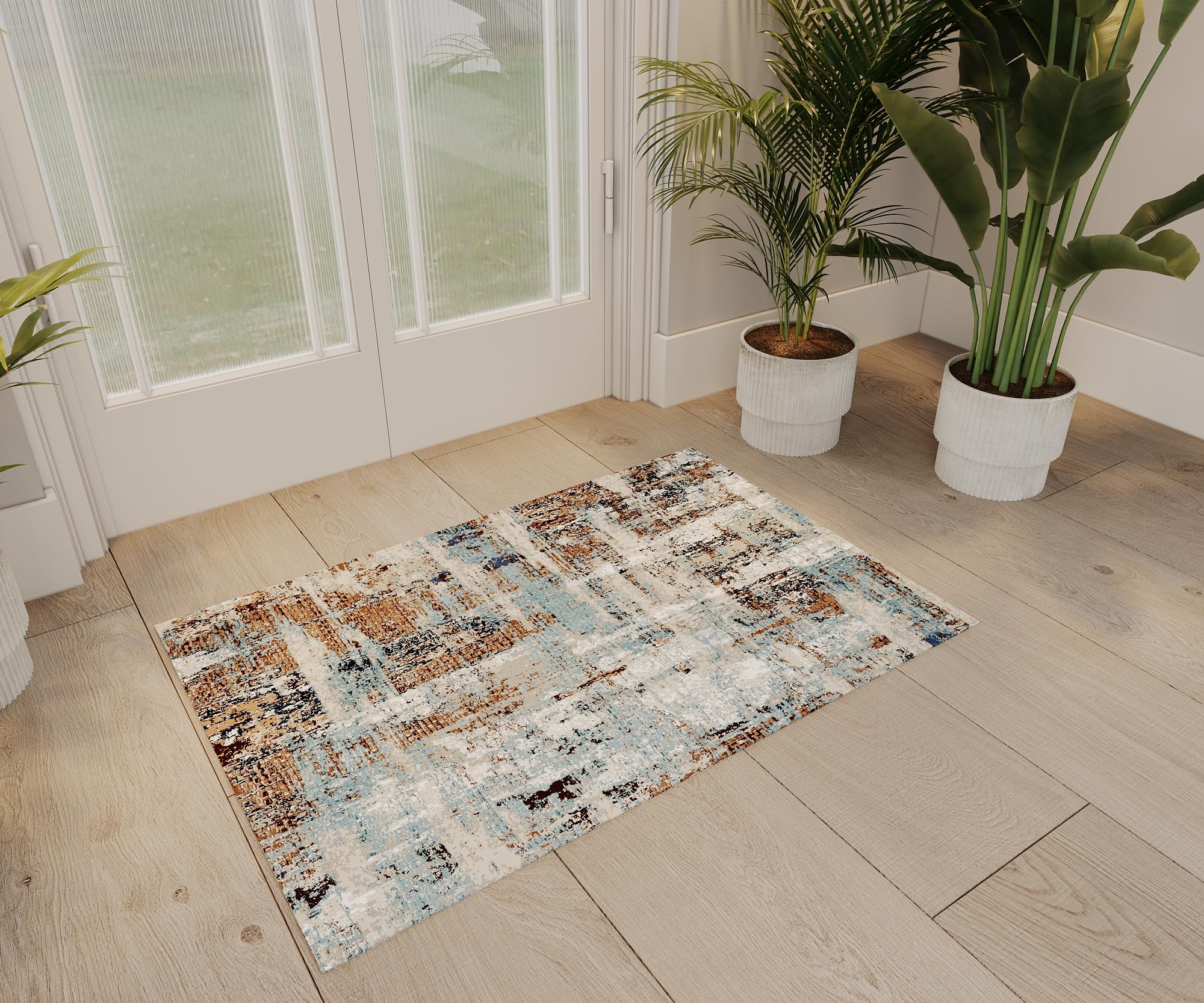 2x3 Area Rug for Entryways, Non-Slip Machine Washable Bedroom Rugs, Blue Boho and Western Carpets, Throw Rugs for Hallway, Small Spaces, Kitchen and Laundry, Foldable Rubber Backing