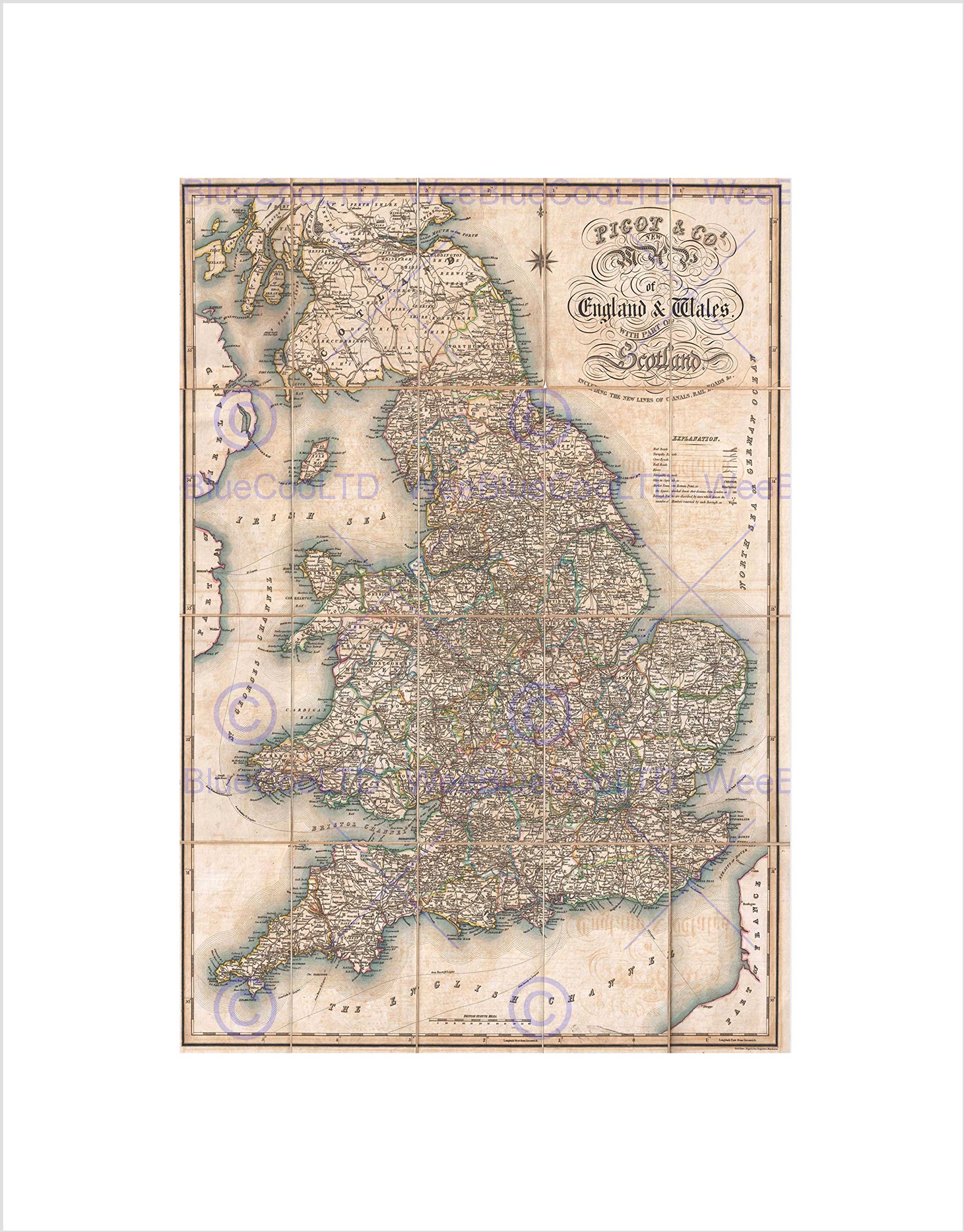 Wee Blue Coo 1830 PIGOT POCKET MAP ENGLAND AND WALES VINTAGE FRAMED ART PRINT MOUNT B12X2141