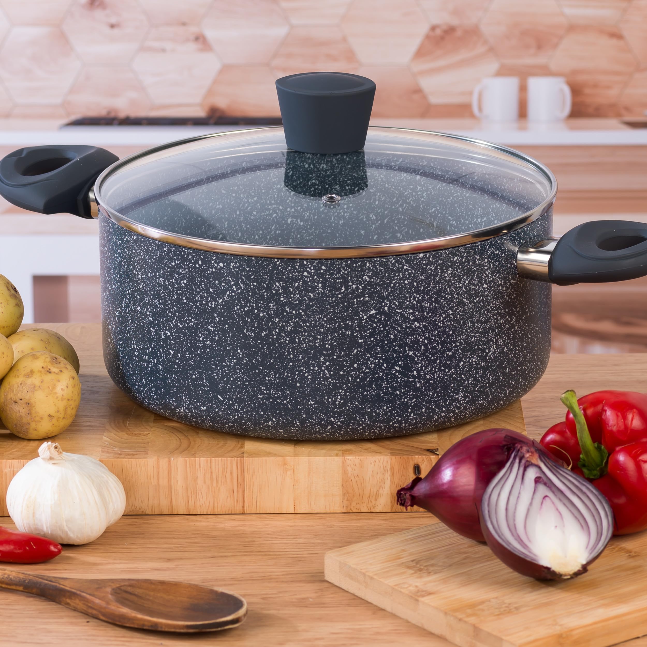 Russell Hobbs RH00849EU Nightfall Stone 24cm senza avambraccio, alluminio pressato, protezione da induzione, senza PFOA, manici morbidi, pentola con coperchio, per salse, pasta, verdure, marmo blu