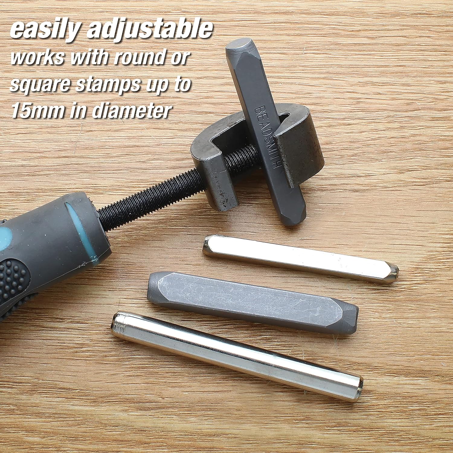The Beadsmith Metal Stamp Holder, 6 inches, Metal Stamping Tool, with Grey & Aqua Textured Comfort Grip Handle, Holds Stamps in Place with a Safe and Secure Grip.