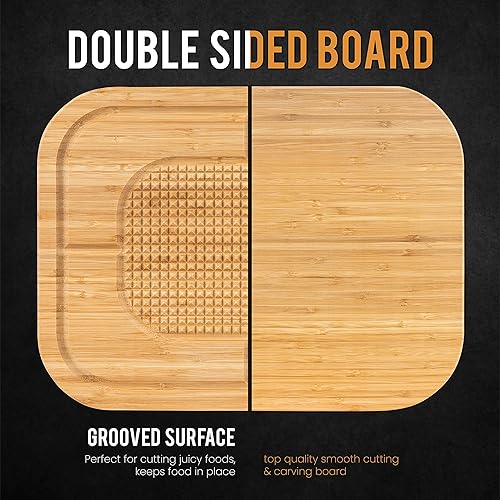 Miniatura 3 de Masirs Tabla de cortar de madera de bambú, lados reversibles para cortar y tallar, crestas elevadas para mantener la carne en su lugar y ranuras
