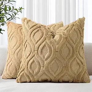 decorUhome Throw Pillow Covers 20x20 Inch Set of 2, Soft Plush Decorative Faux Fur Light Brown Solid Couch Pillow Covers, Accent Farmhouse Neutral Square Euro Pillow Cases for Sofa Bed Living Room