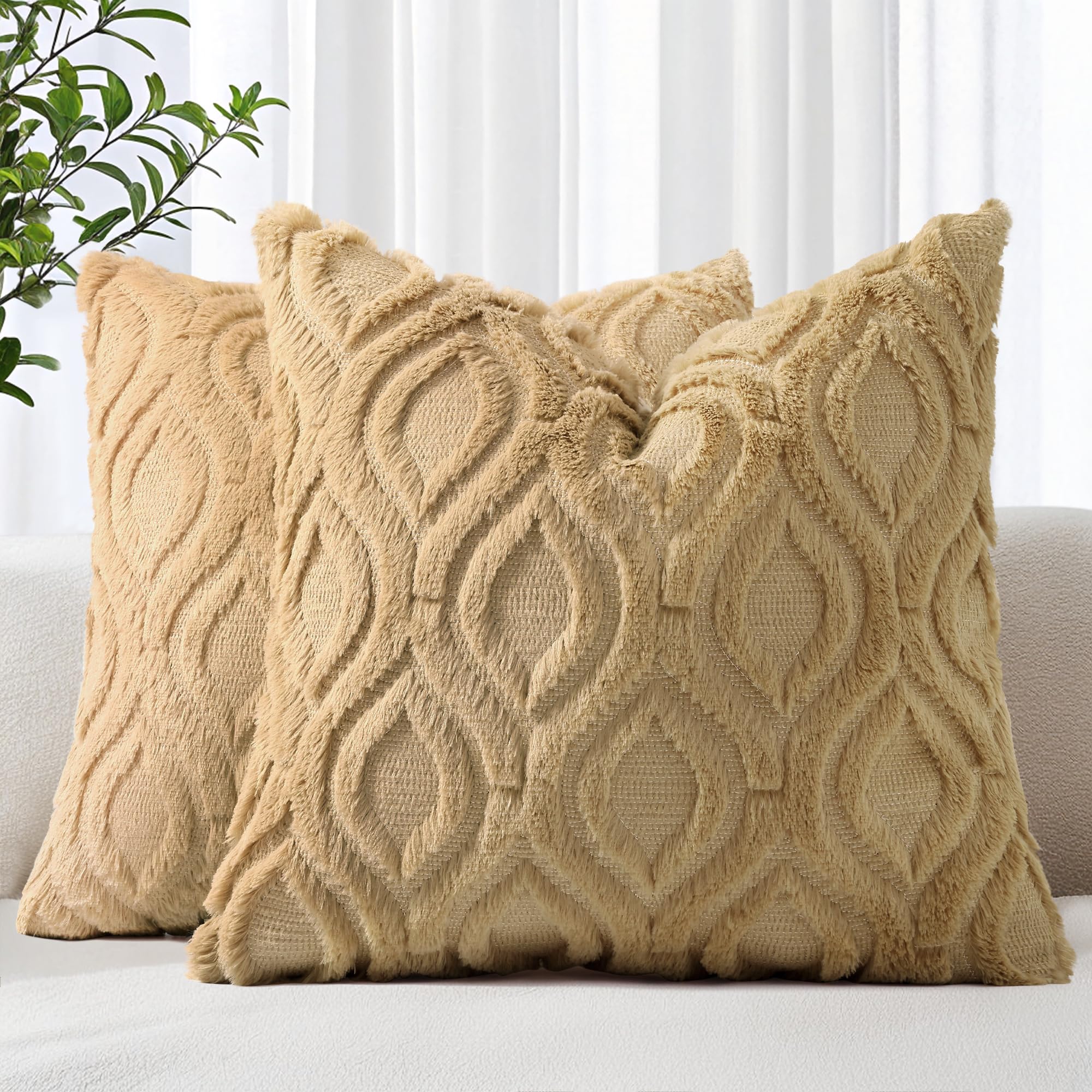 decorUhome Throw Pillow Covers 26x26 Inch Set of 2, Soft Plush Decorative Faux Fur Light Brown Solid Couch Pillow Covers, Accent Farmhouse Neutral Square Euro Pillow Cases for Sofa Bed Living Room