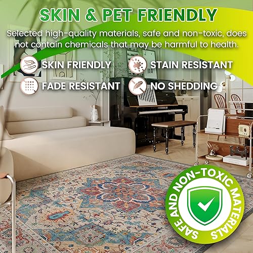 Miniatura 4 de Alfombra bohemia vintage de 5 x 7 pulgadas, lavable, retro, bohemia, marroquí, oriental, neutra, grande, ultrafina, de pelo bajo, ligera,