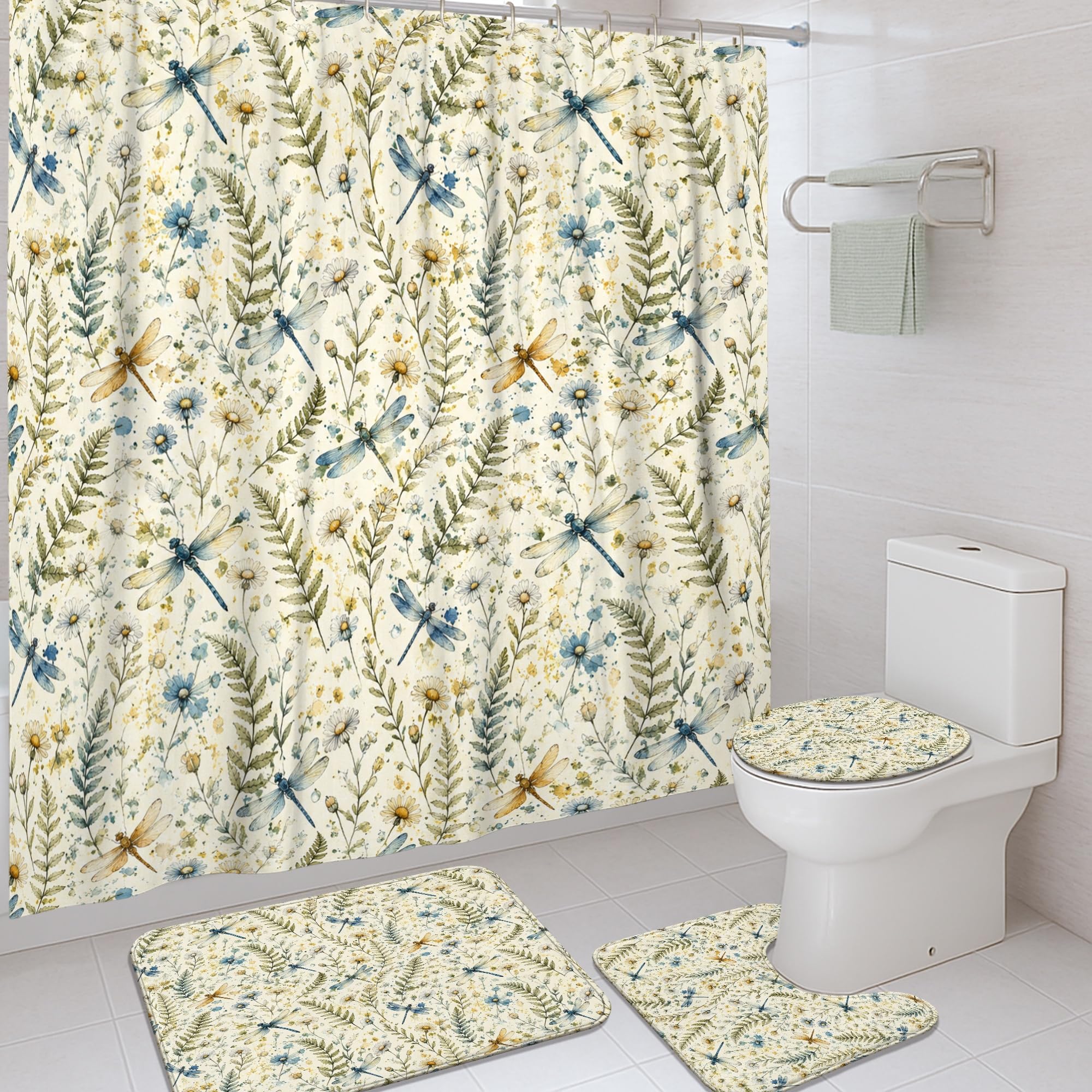 Rideau de douche bleu à motif botanique pour ambiance estivale