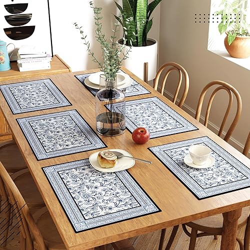 Miniatura 2 de Encasa XO Juego de 6 manteles individuales de lona de algodón con estampado de bloques índigo-02, 18 x 13 pulgadas, estampado a mano de Jaipur