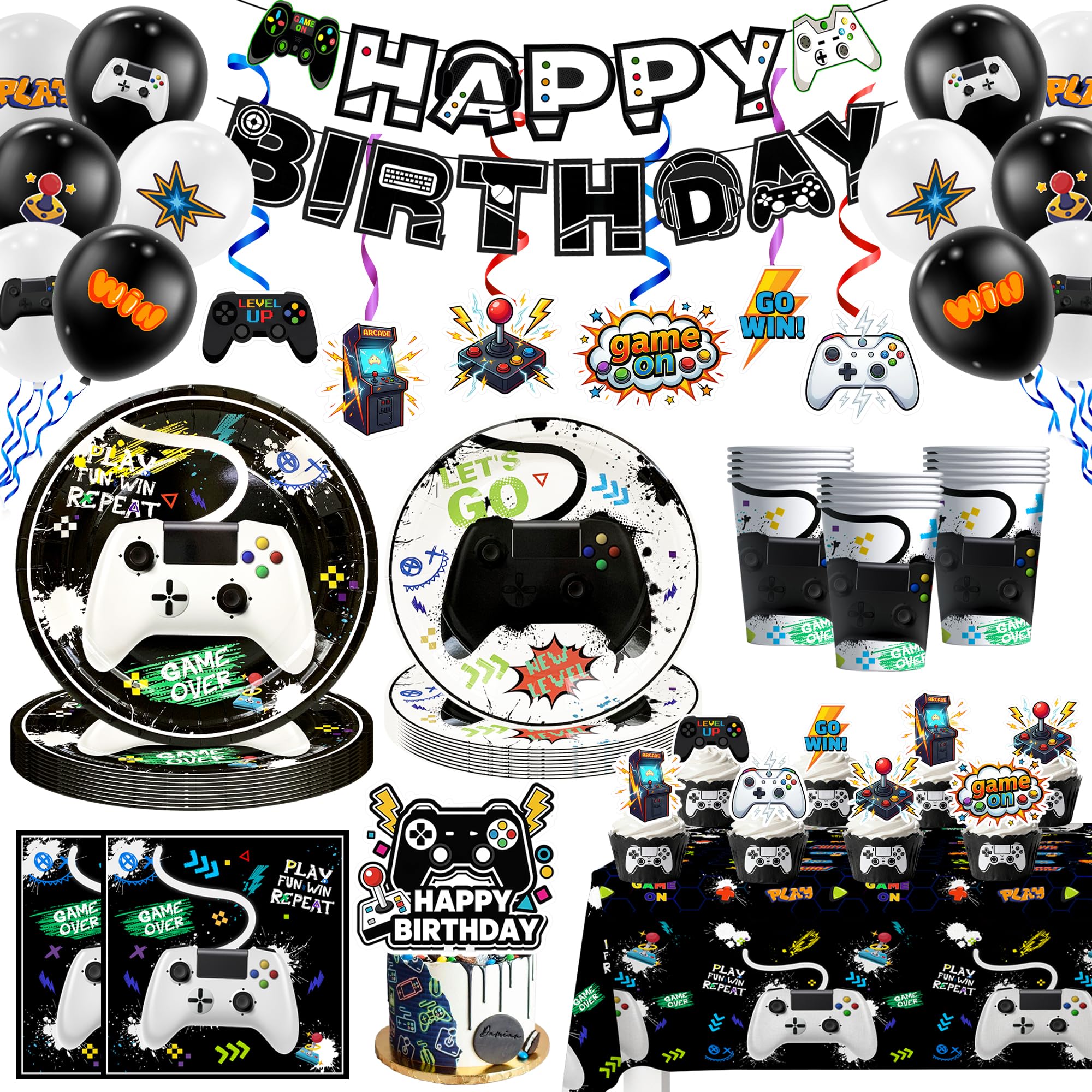 Forniture per Feste per Videogiochi,111 Pezzi Videogiochi Set di Decorazioni Stoviglie Piatti Compleanno Tovaglioli Tovaglia Palloncini Banner etc Decorazione Festa a Tema di Videogiochi