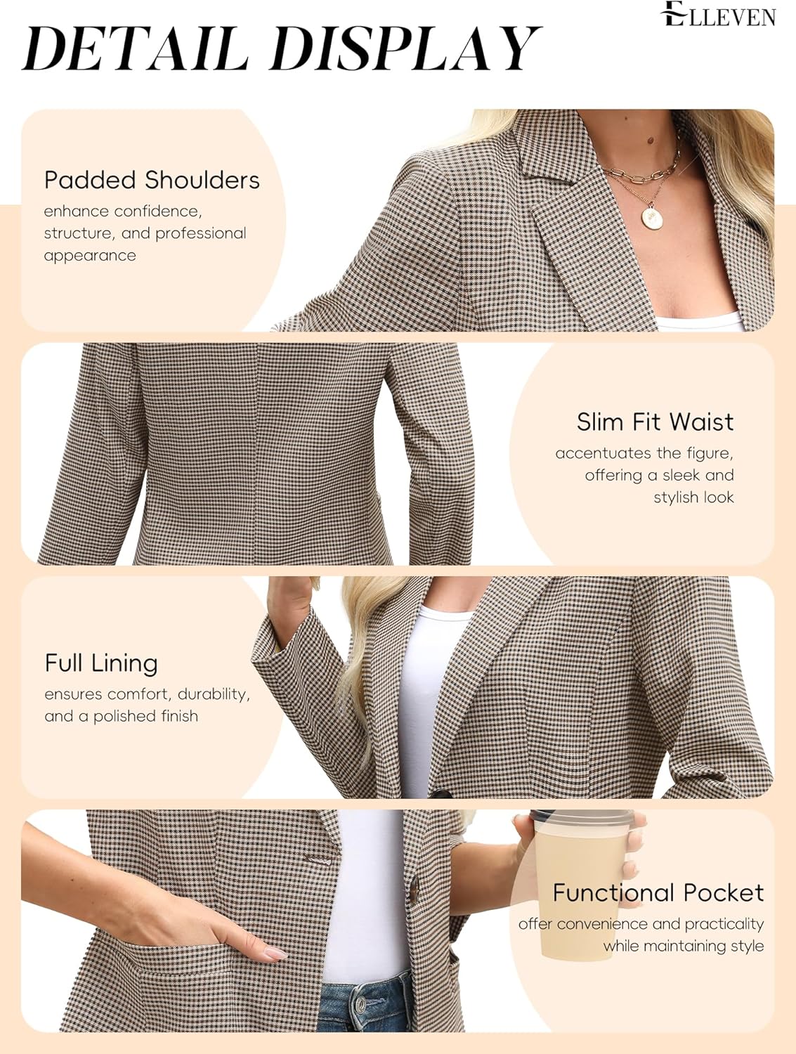 ELLEVEN Women's Blazer Business Casual Lightweight Suit - Long Sleeve Slim Fit Work Office Jacket with Pockets - Image 6