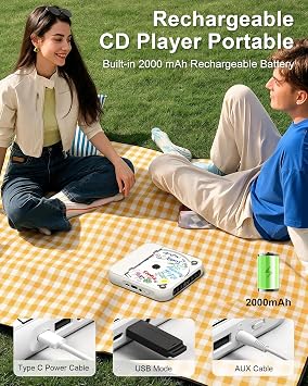 SKYANS Bluetooth 5.3 ile taşınabilir CD çalar, ev/araba için 2000 mAh şarj edilebilir CD çalar, dahili HiFi hoparlör, kulaklık, LCD ekran, CD/AUX/USB ve tekrar modlarını destekler, beyaz
