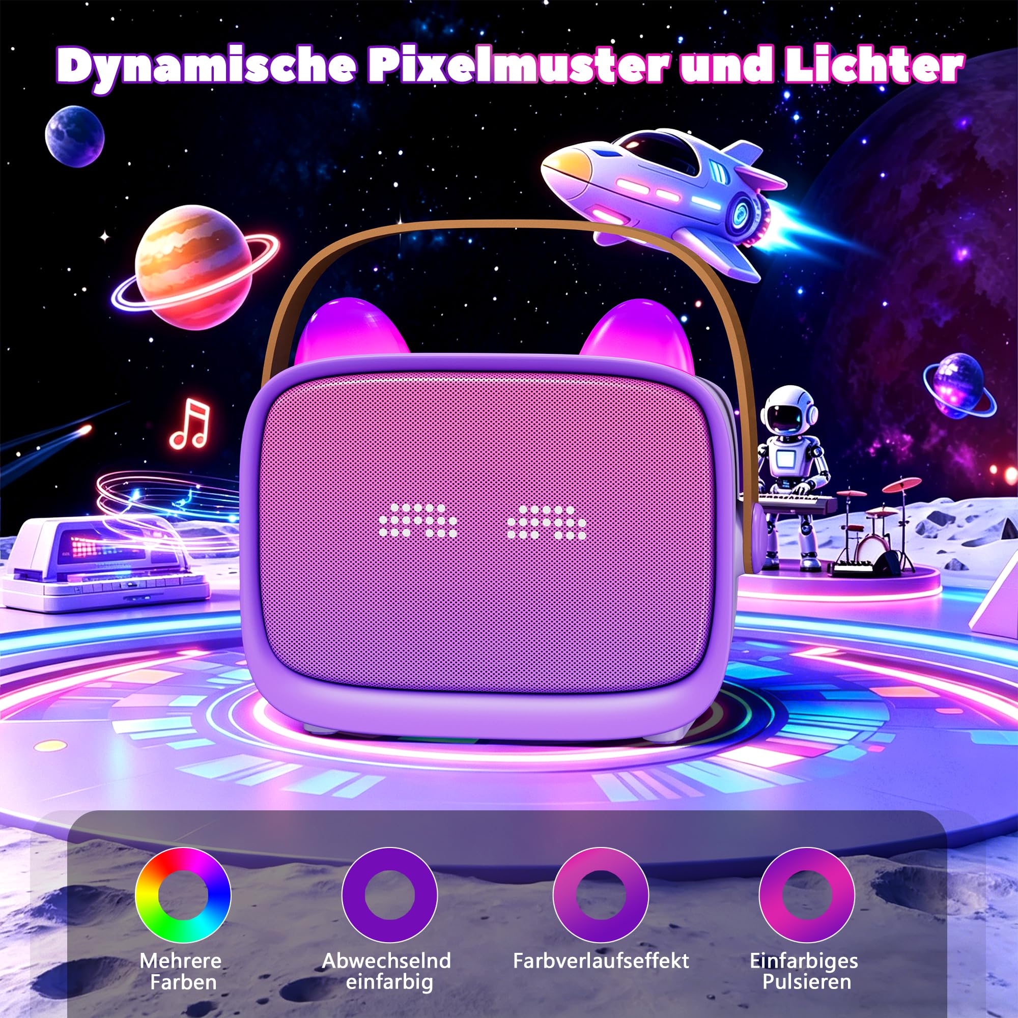 Karaoke Maschine für Kinder mit 2 Kabellosen Mikrofonen, Bluetooth Lautsprecher mit LED Licht, Emoji Display, Stimmeffekten, Handyhalter, Geschenk für Mädchen Jungen, Lila