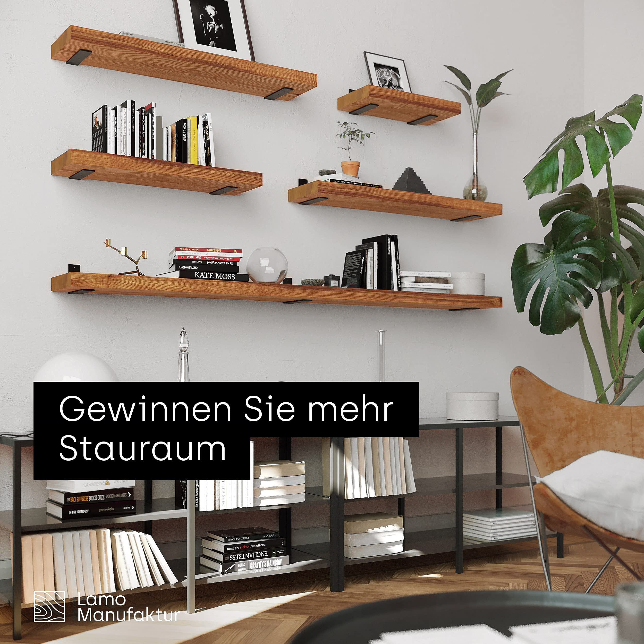 Manufaktura LAMO drewniana półka wisząca, krawędź prosta, półka na książki z 2 metalowymi wspornikami, ciemny jesion 120 cm, LWG-01-A-004-120L