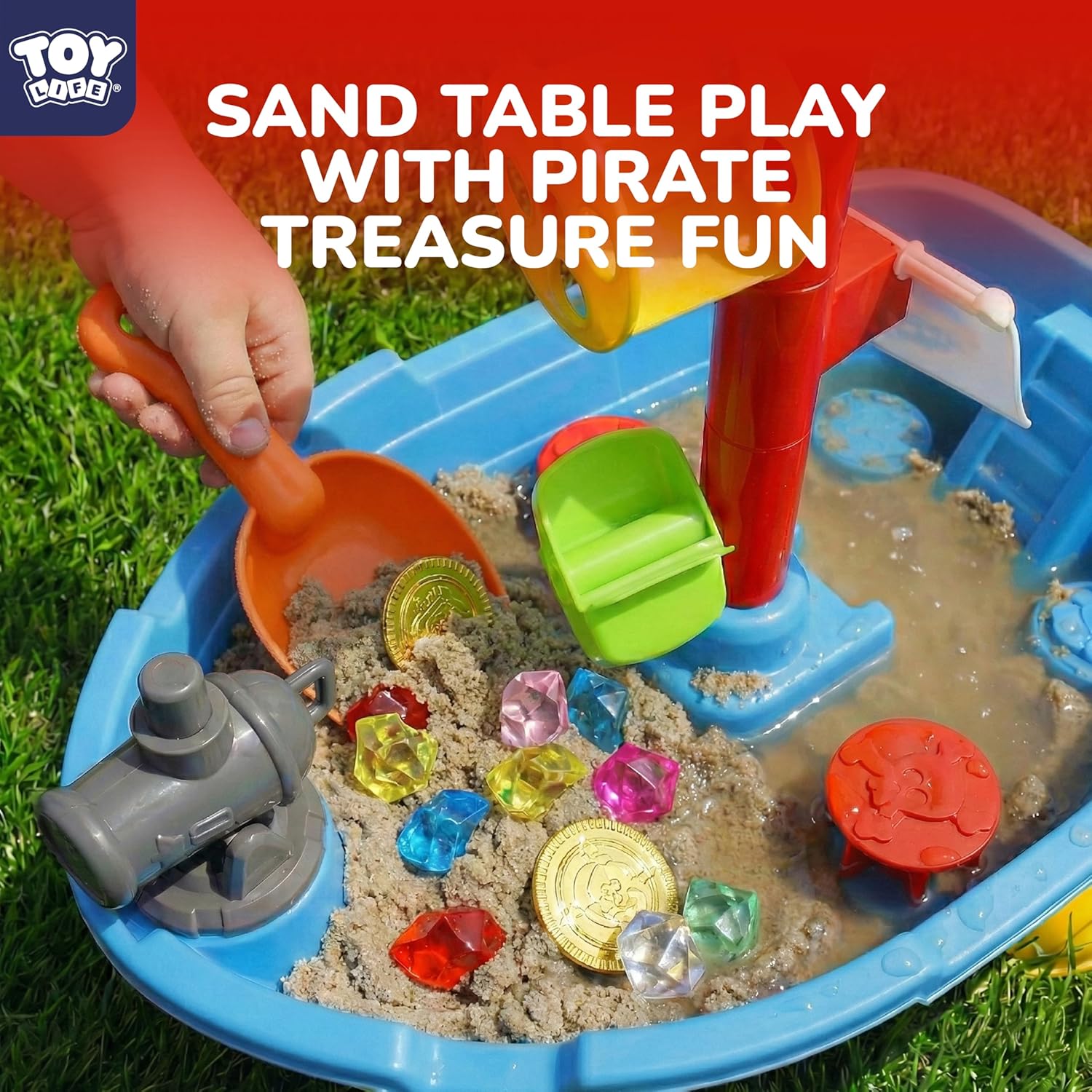 TOY Life Pirate Ship Water Table Set with 13 Gold Coins, 10 Gems, 6 Molds, 3 Shovels and Cup, Sand and Water Play Table for Kids, Indoor and Outdoor Use