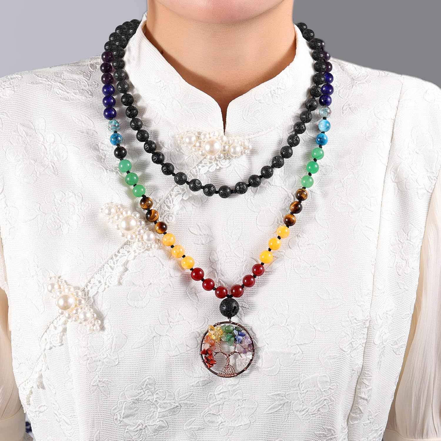 Bivei 108 Mala Beads Necklace Life Tree 7 Chakra Wrap Bracelet Real Healing Gemstone Yoga Meditation Hand Knotted Mala Prayer Bead Necklace - Image 2