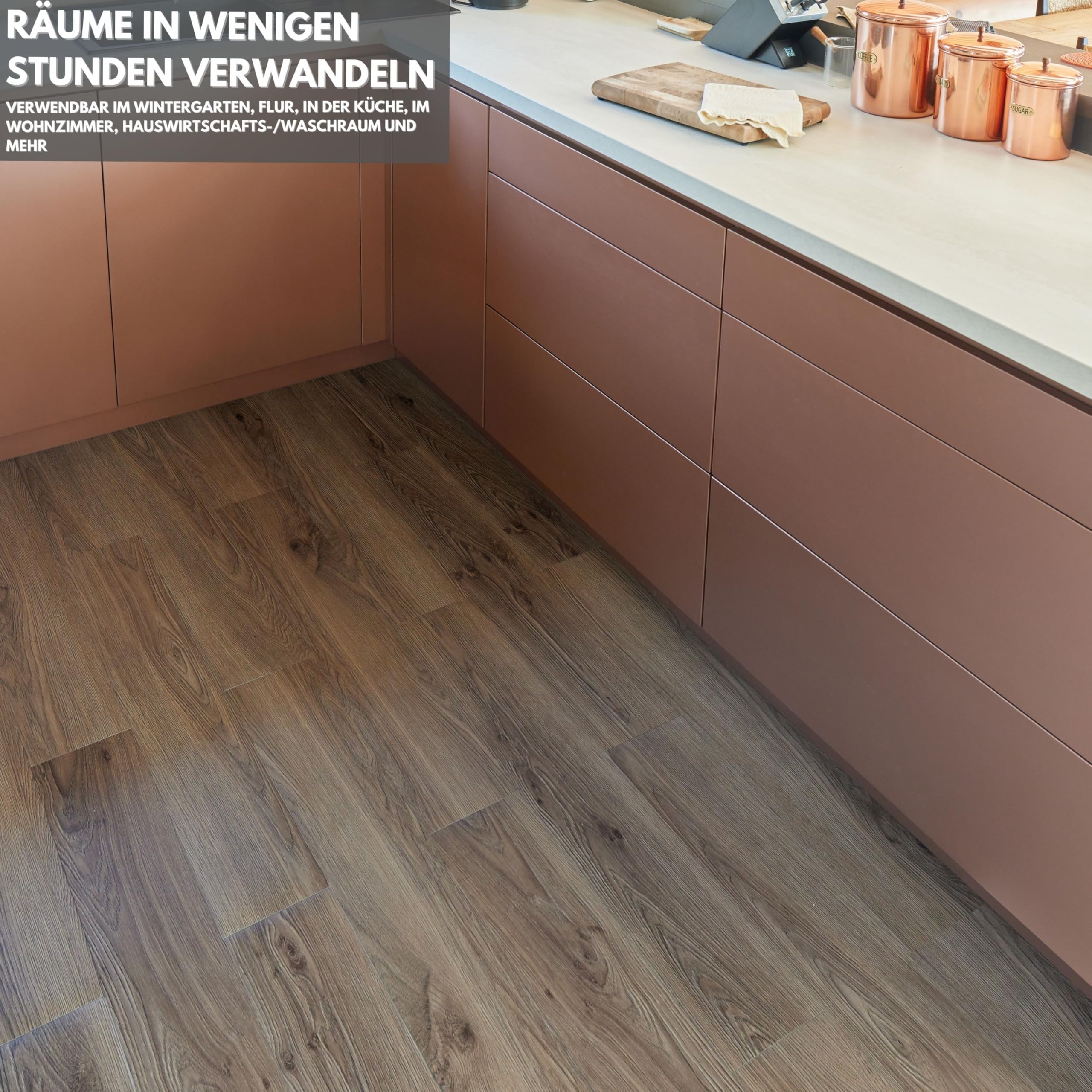 Vinylboden Selbstklebend – 10 Dielen Pack Bodenfliesen 1,39 m² Abdeckung, Braune PVC Bodenbelag Selbstklebend je Planke 91,4 × 15,2 cm – Braune Holzoptik mit Natural-Touch-Effekt