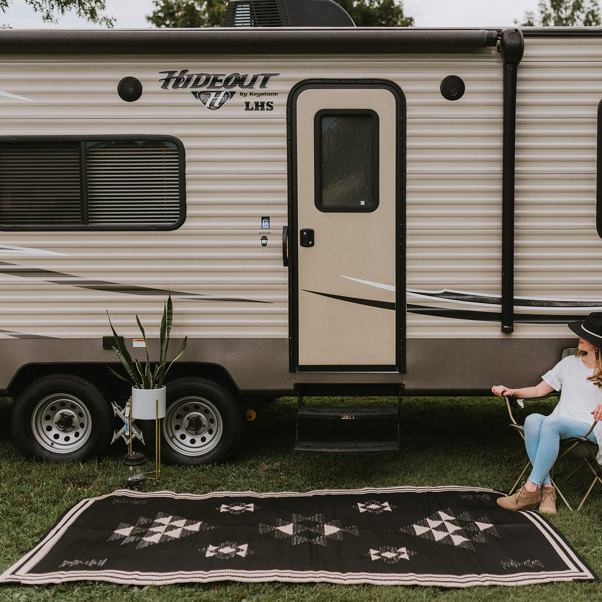 Glamplife5x8 Outdoor Rug - Waterproof rv mat - Camping mat for Outside Your RV - Boho Outdoor Rug - tan and Black Rug