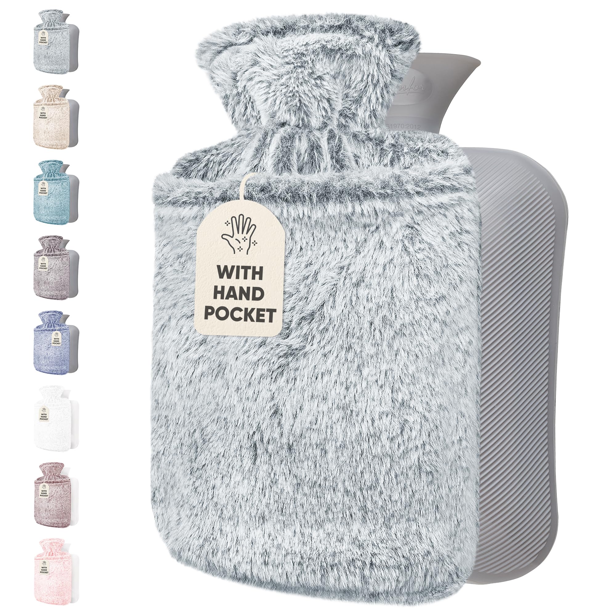 Qomfor Bolsa de Agua Caliente 1,8L - Botella de Agua Caliente con Funda de Felpa Premium Suave - Bolsa Agua Caliente para el alivio del dolor y para noches acogedoras (Gris Claro)