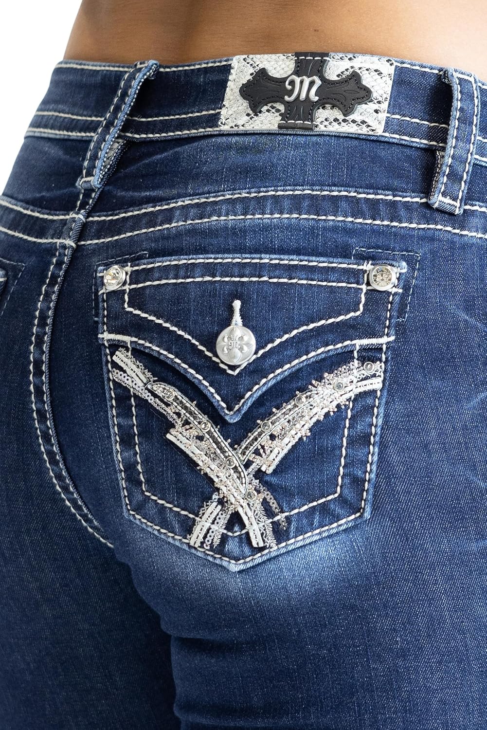 Miss Me Women's CRIS Cross Beaded Faux Flap Pockets Mid-Rise Bootcut Jeans
