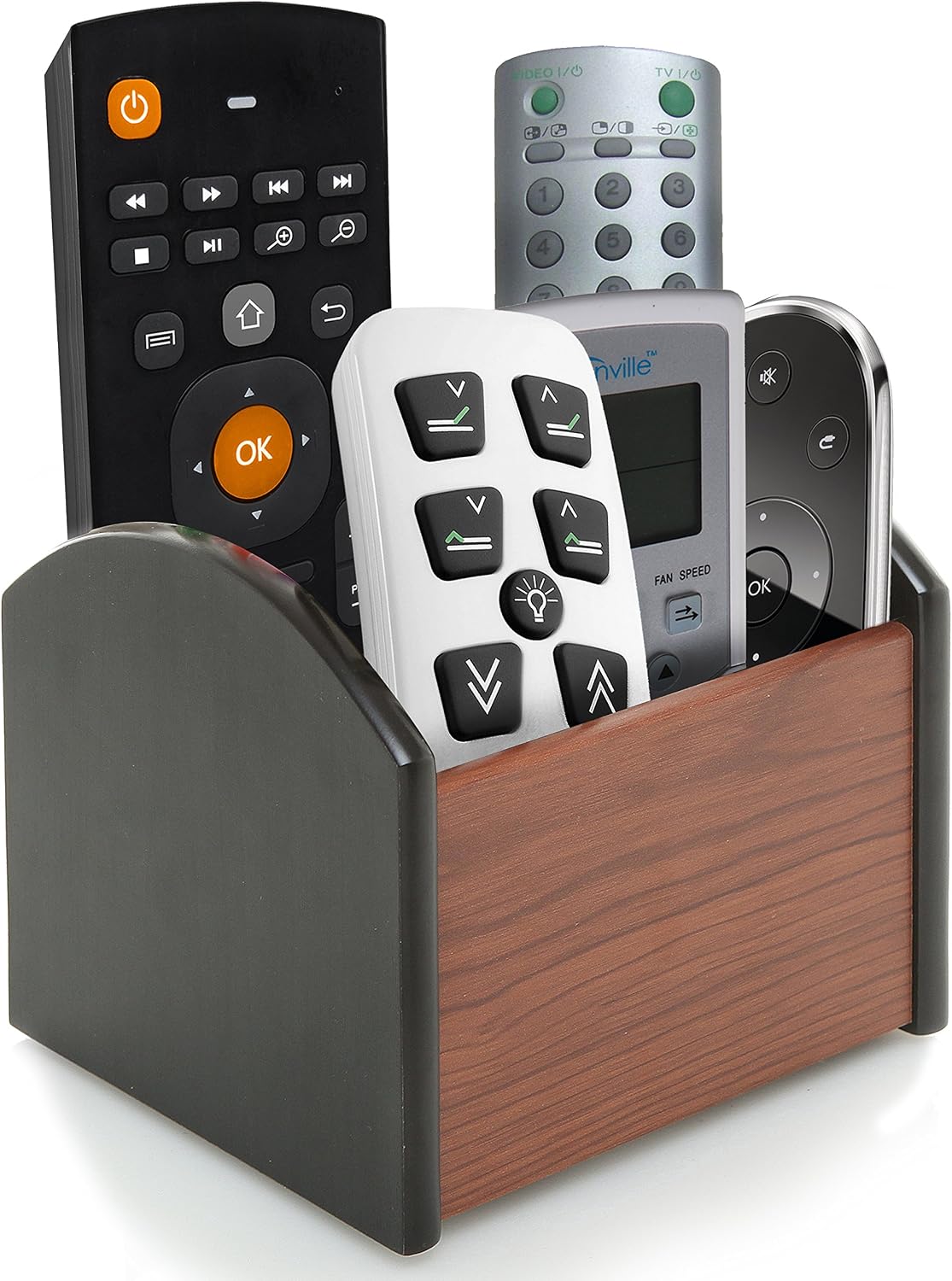 MyGift 2 Tone Black and Brown Wooden Spinning Remote Control Holder Caddy with 4 Compartments, Rotating Desktop Office Supplies Storage Organizer
