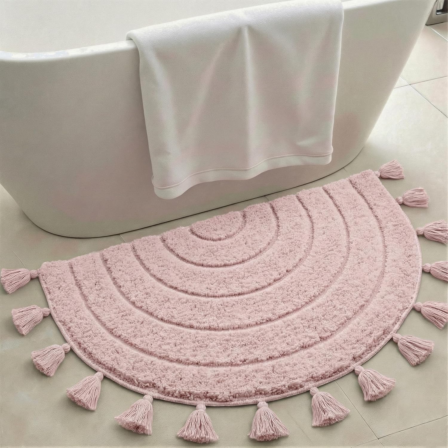 Boho Bathroom Rugs Vintage Half Circle Bath Mat with Tassels Crochet Insert, Handwoven Non-Slip Backing Cute Bath Mats for Bathroom Floor Tub, Boho Decor, Washable, Pink, 20"x32"