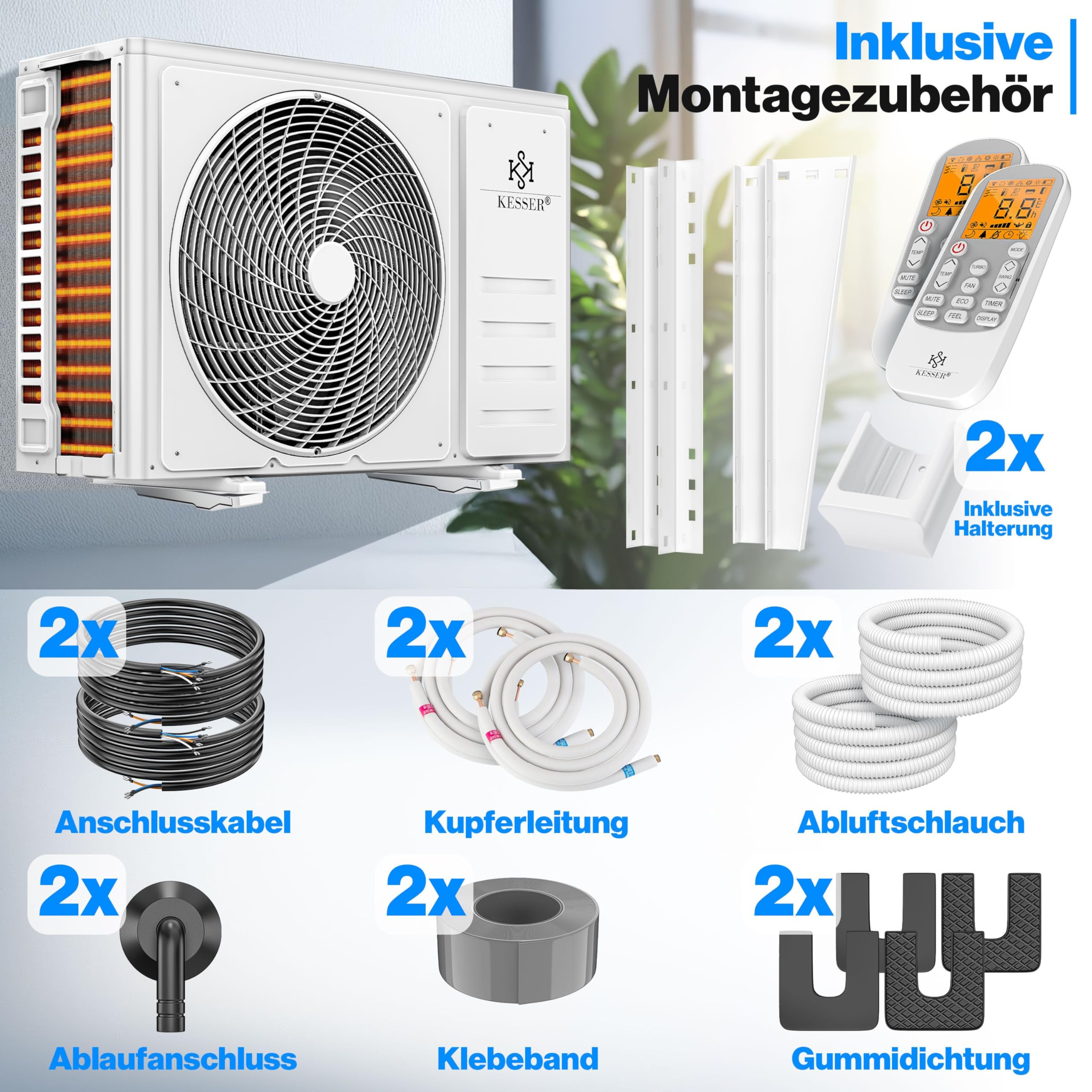 KESSER Multisplit Klimaanlage 2 Innengeräte 18000 BTU Split Klimagerät Set WiFi App Heizen Kühlen Inverter R32