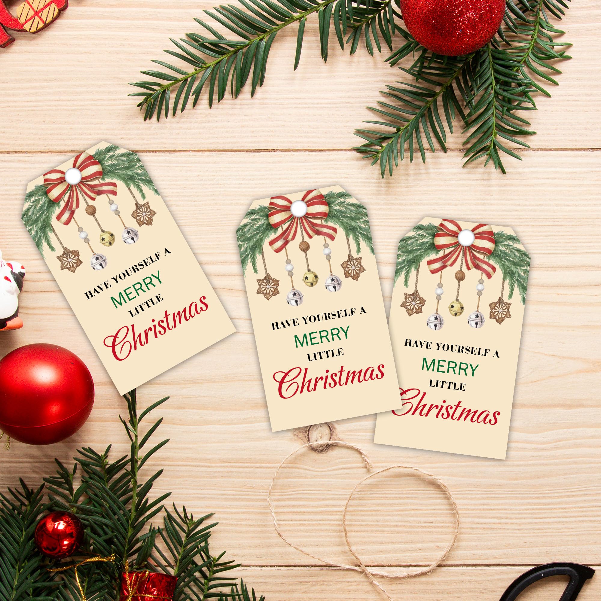 C09 Weihnachts-Geschenkanhänger aus Papier, mit Schnur, 5,1 x 8,9 cm, Weihnachts-Stechpalme und Schleife, "Have Yourself A Merry Little Christmas", Weihnachtsdekoration, Partyzubehör