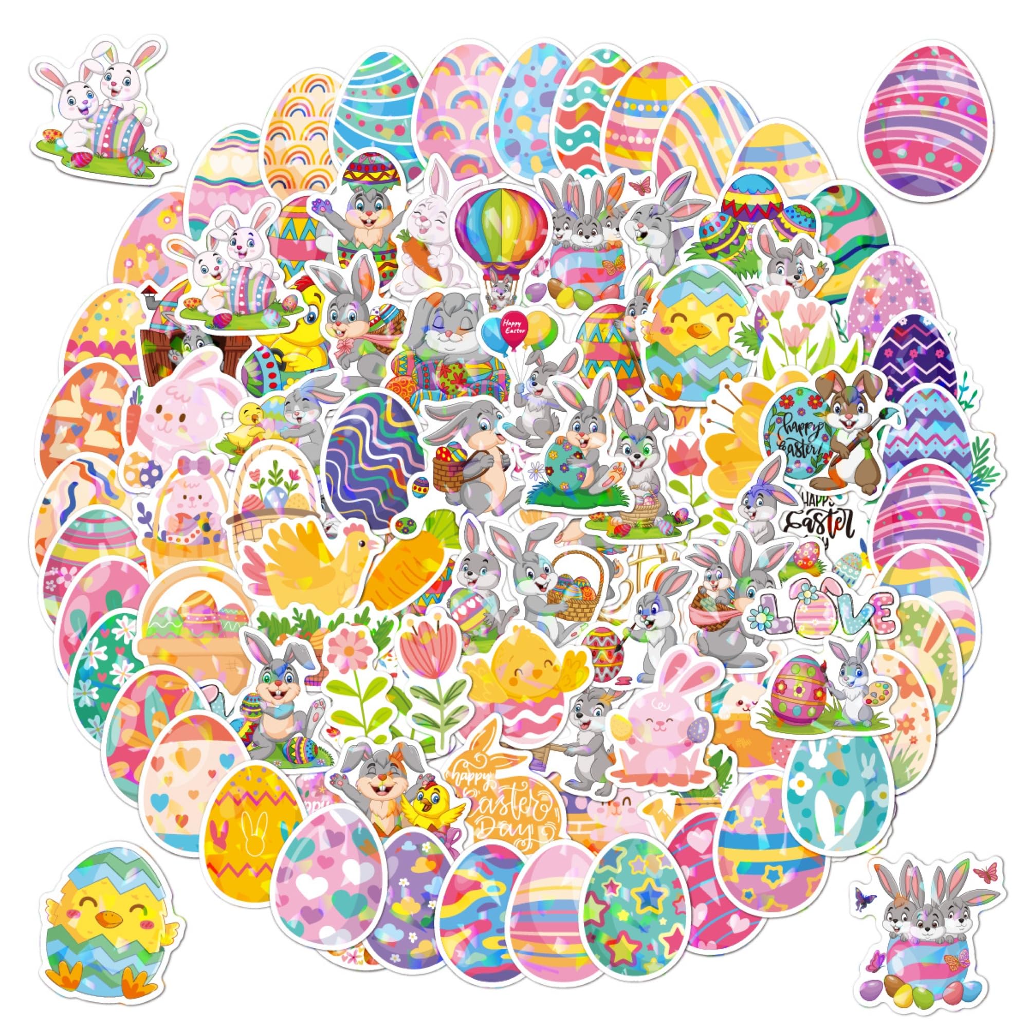 Masper Easter Stickers, 100 Unique Happy Easter Stickers, Waterproof Holographic Shiny Vinyl Easter Bunny Egg Stickers for Easter Decorations Gifts Cards Crafts Envelopes Wrapping Sealing
