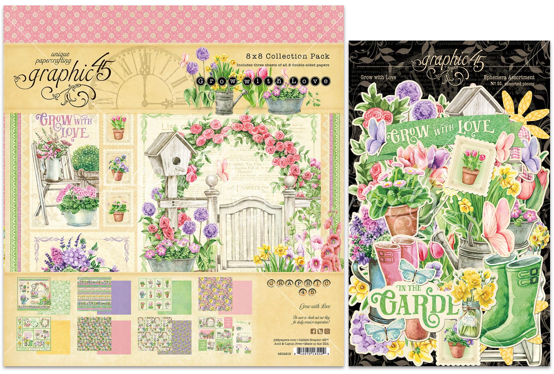 Graphic 45 Grow with Love Decorative Papers - 8x8 Paper Pack and Ephemera Die-Cuts