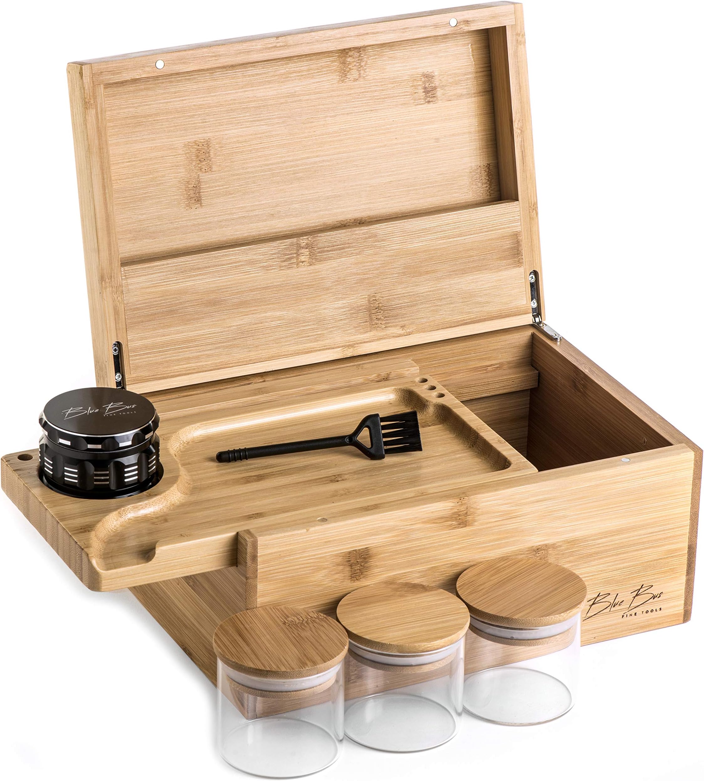 Large Stash Box 100% Bamboo - Smell Proof - Sliding Rolling Tray w/Brush - 3 Airtight Containers - Herb Grinder - Handcrafted/Natural Varnished Color - Width 10.5” x Height 5” x Depth 7”