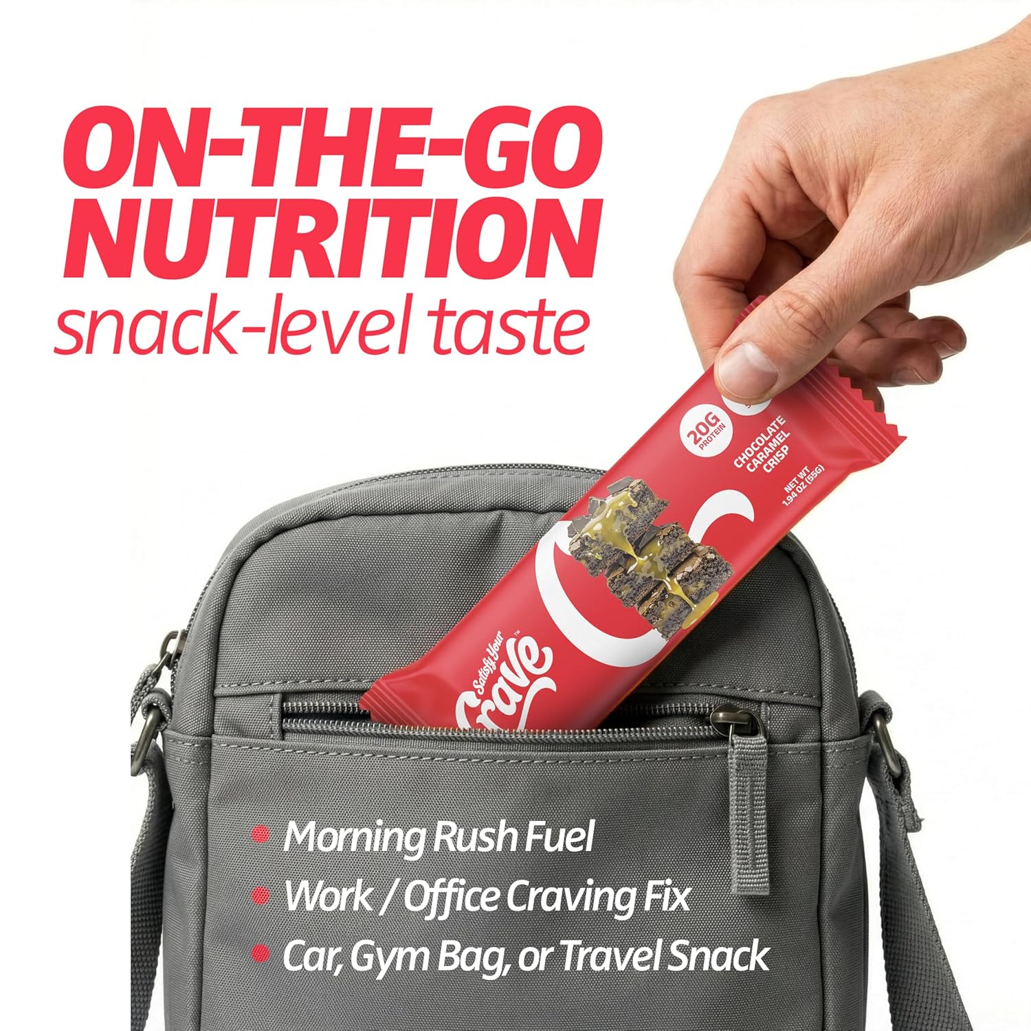 Satisfy Your Crave Protein Bars– High Protein Delicious Snacks– 20g of Protein, No Added Sugar– Chocolate Caramel Crisp– Perfect for Breakfast, On-the-Go Snack, Pantry Staple & Office Treat– Non-GMO, 12 Pack