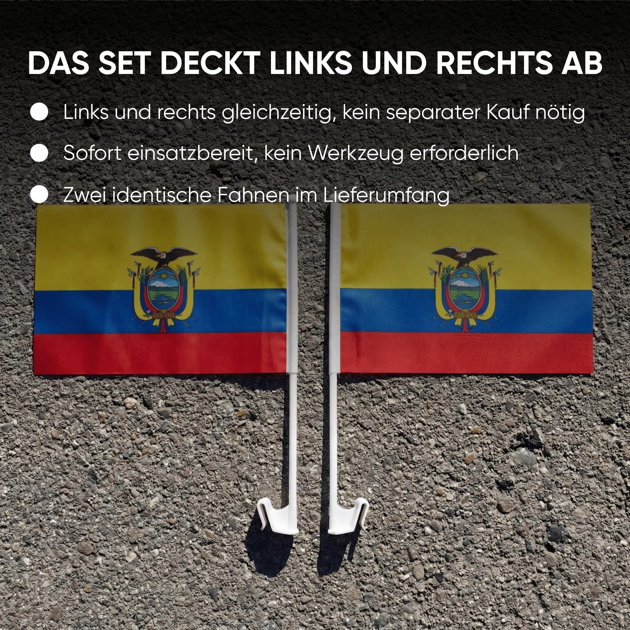 Auto Fahnen Ecuador Komplett Set - Motorhaubenfahne, 2 Autofahnen Fenster & 2 Außenspiegelfahnen, Fußball Fanartikel FZG für EM & WM, Ecuadorianische Flagge Fahrzeug Deko