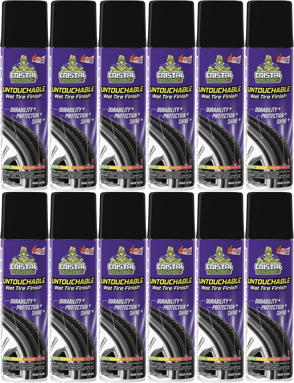 Cristal Products Untouchable Tire Shine Spray (12 Pack) – Citrus Scent, Wet Look Tire Shine, No Sling, Long Lasting Car Tire Shine, No Touch Application