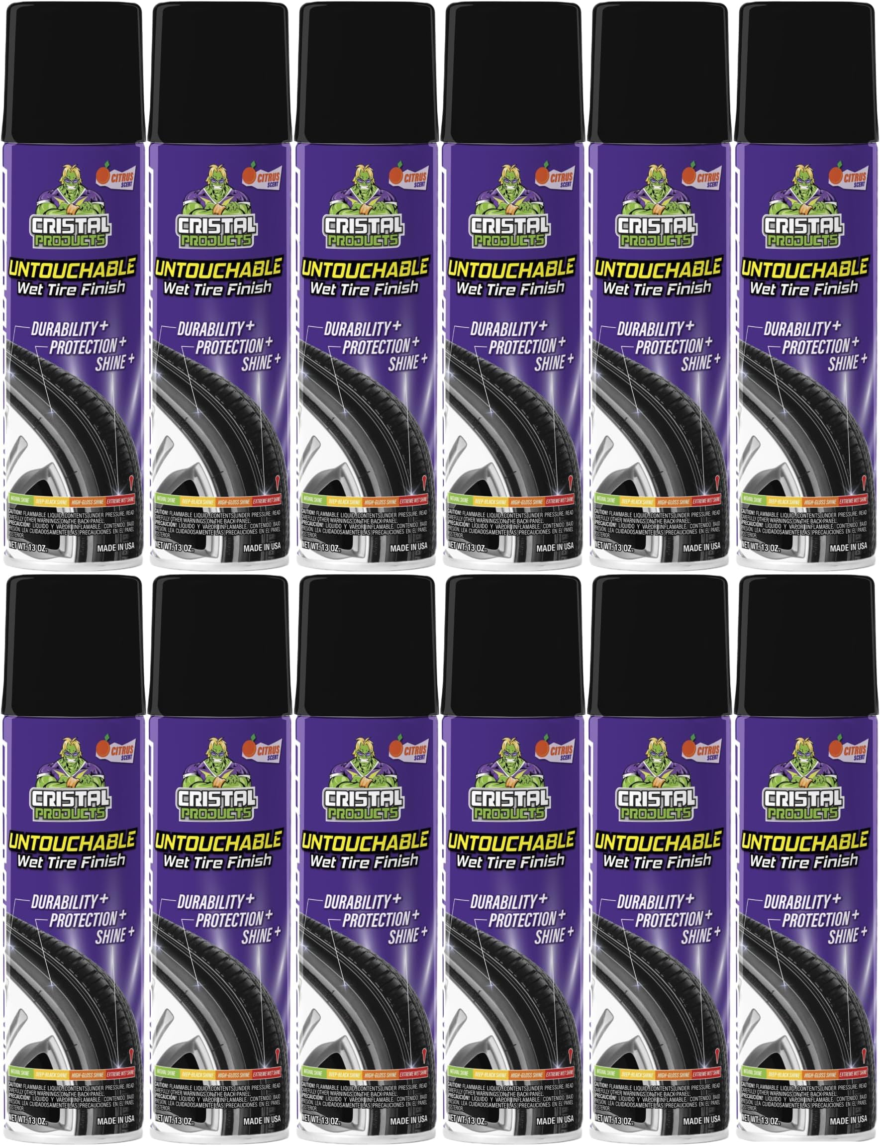 Cristal Products Untouchable Tire Shine Spray (12 Pack) – Citrus Scent, Wet Look Tire Shine, No Sling, Long Lasting Car Tire Shine, No Touch Application