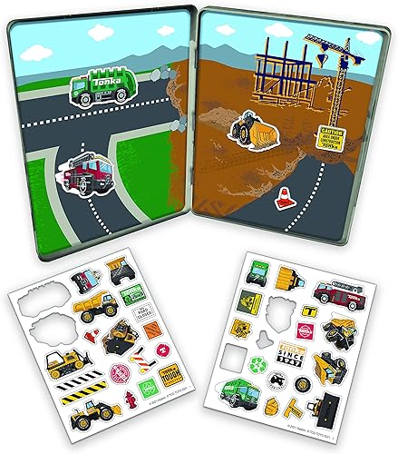 TCG Toys Tonka Magnetic Creations - Lata con 40 piezas magnéticas de juego en lata que se dobla como espacio de almacenamiento multicolor