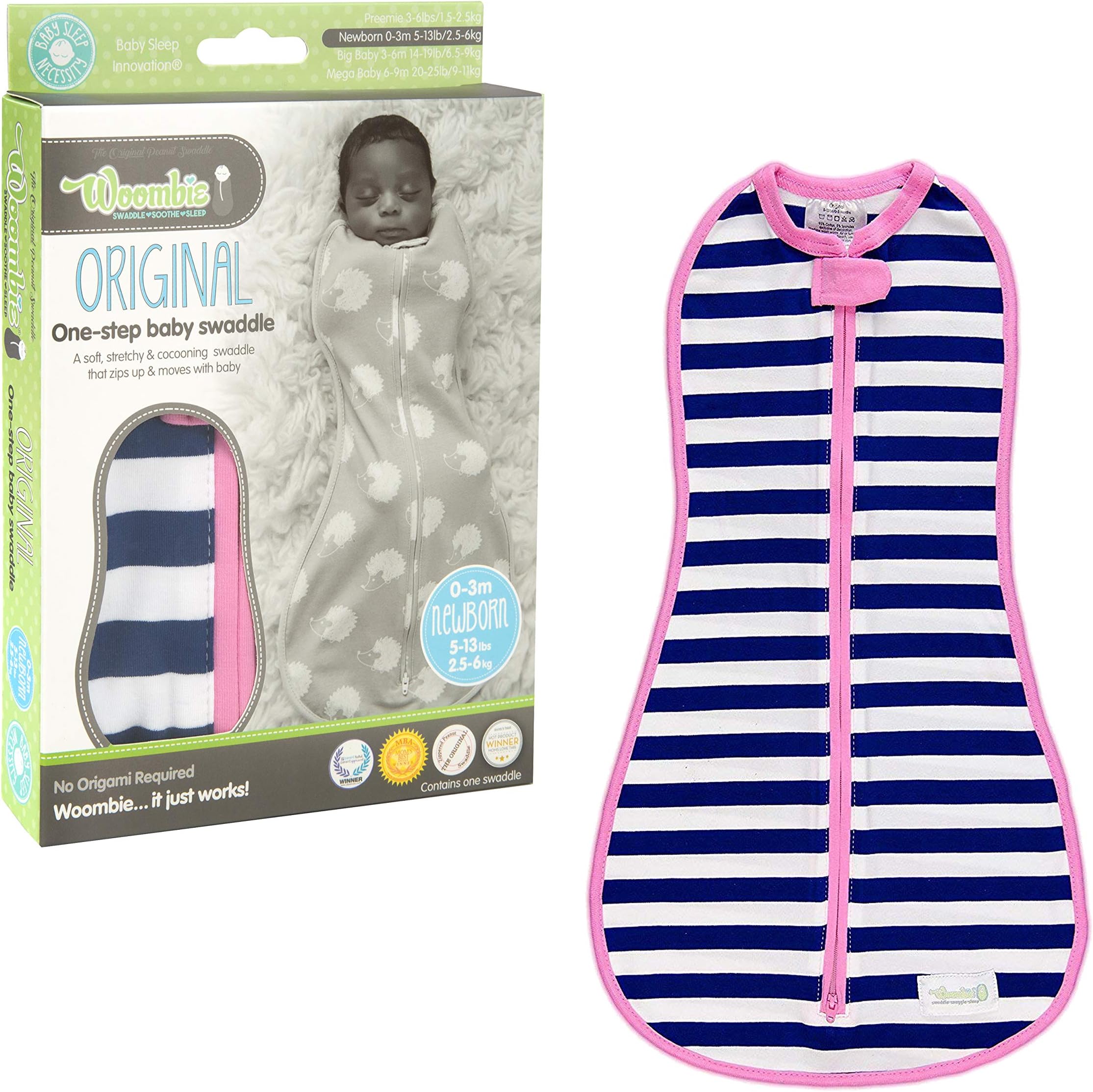 Woombie Original Nursery Swaddling Blanket - for Babies 0-3 Months (Navy Stripe Pink, 5-13 Pounds)