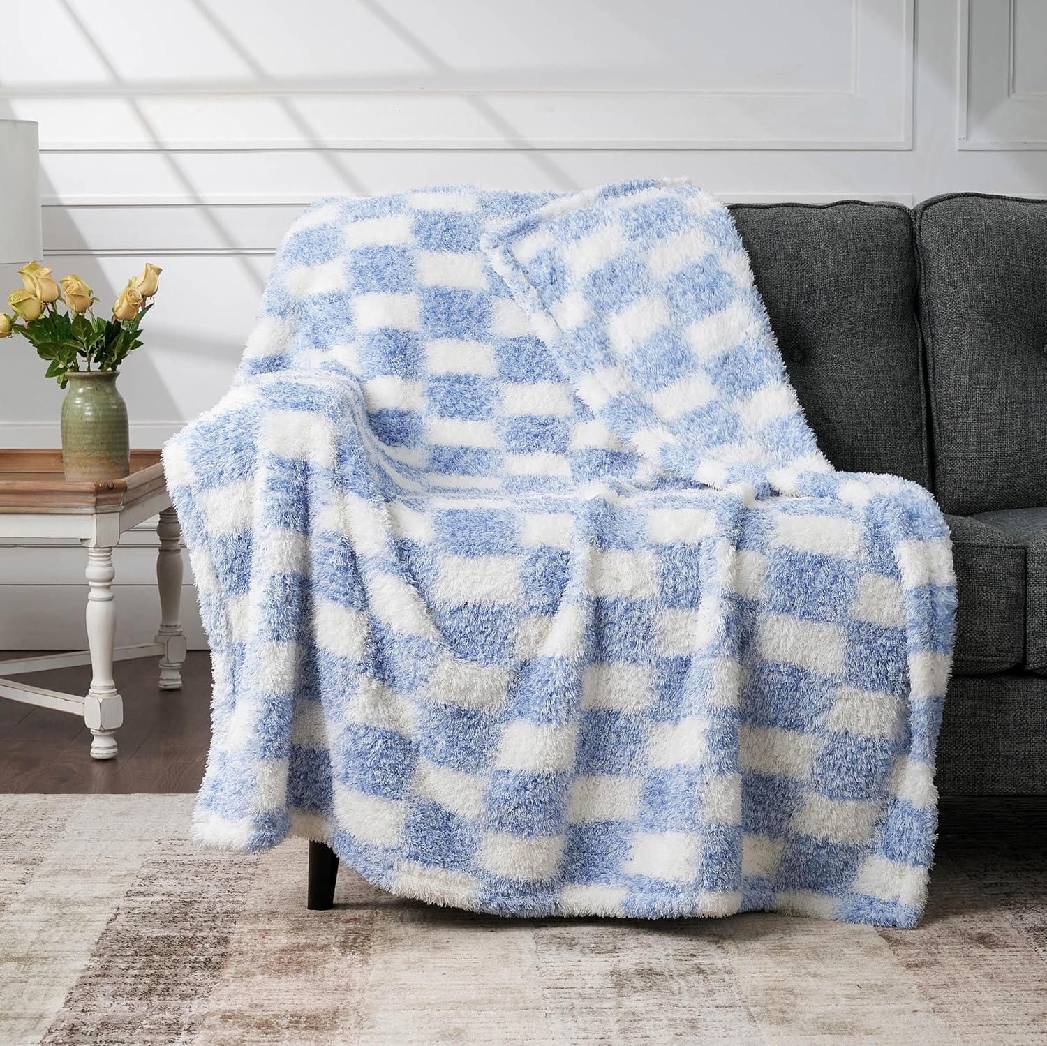 Checkered Furry Chenille Throw Blanket - Soft, Plush, Fluffy Sofa and Bed Throw, Great Gift for Women, Teens - All Season Home Décor (Ashleigh Blue, 50"x60")
