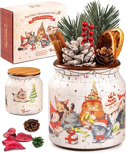 PieceRelax 3D Puzzle Jar 96 Plastic Pieces, Includes Dried Flowers - Phoenix Chan - Purrfect Christmas Party Use Includes Divider as a Pen or Utensil Holder with Wooden Lid [BB1052]