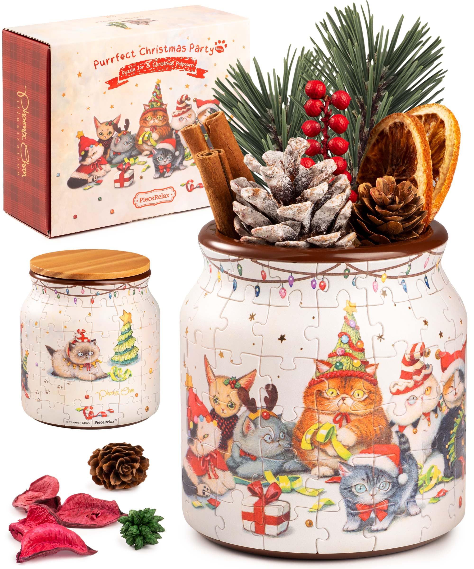 PieceRelax 3D Puzzle Jar 96 Plastic Pieces, Includes Dried Flowers - Phoenix Chan - Purrfect Christmas Party Use Includes Divider as a Pen or Utensil