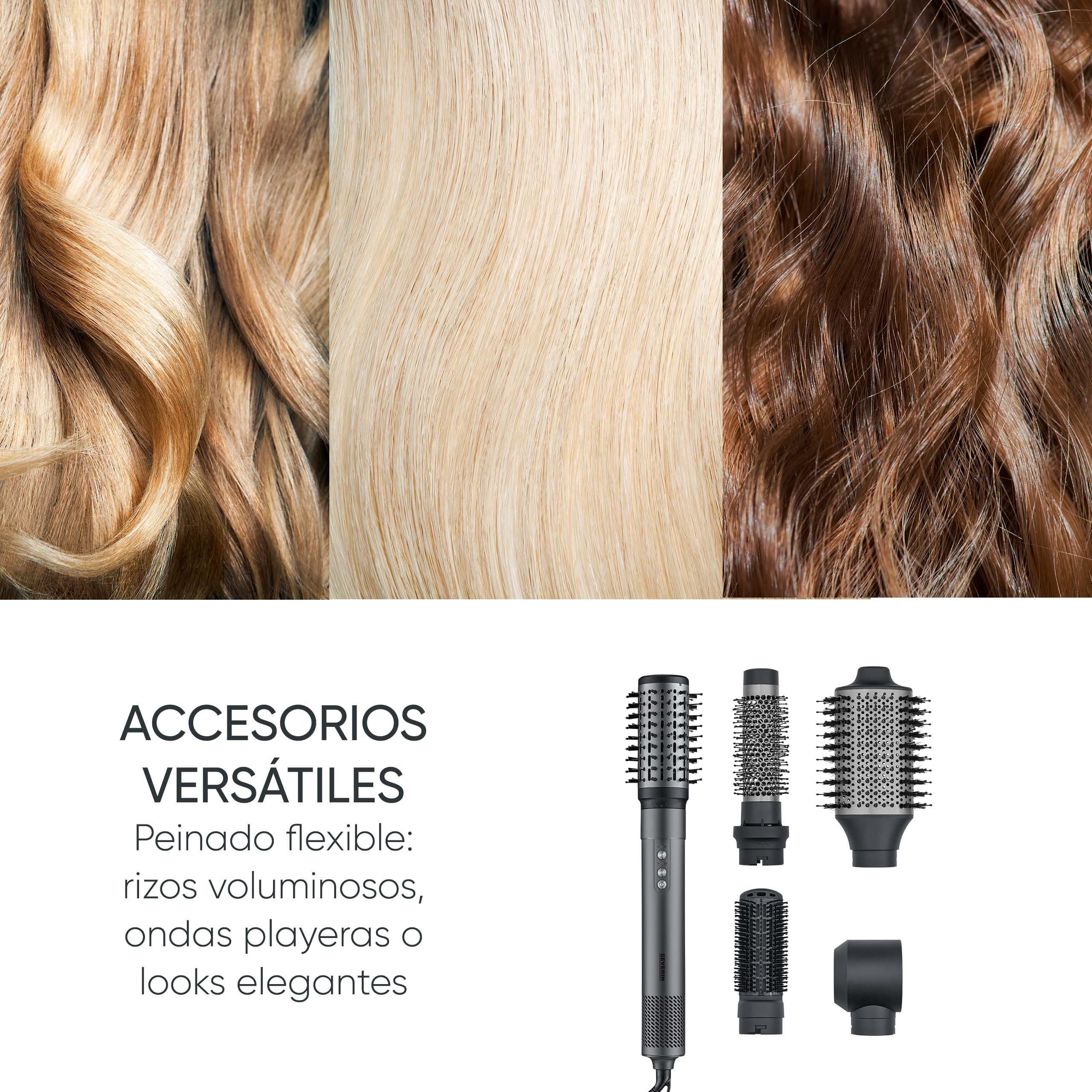 SEVERIN Cepillo secador Multi Estilo 5 en 1, Cepillo eléctrico con 5 accesorios, 1500 vatios, Motor BLDC y Technología Iónica, Función autolimpieza, Negro, WL 0684