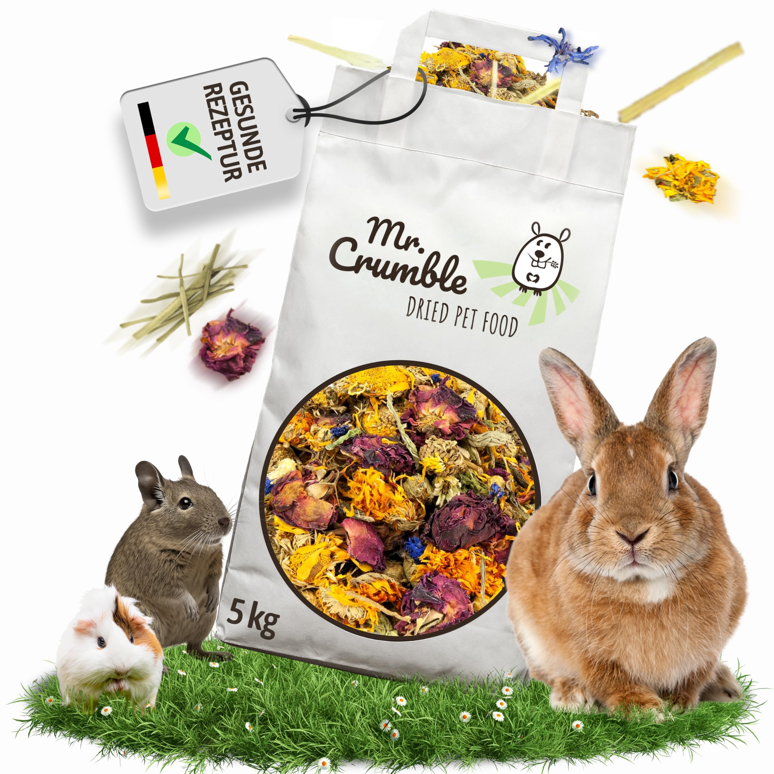 Mr. Crumble Blüten-Kräuter-Mischung 5kg – Getreidefrei - 100 % Pflanzenpower für Kaninchen, Degus & Nagetiere – mit viel Rohfaser – Ohne Zusatzstoffe – Naturnahe Tiernahrung