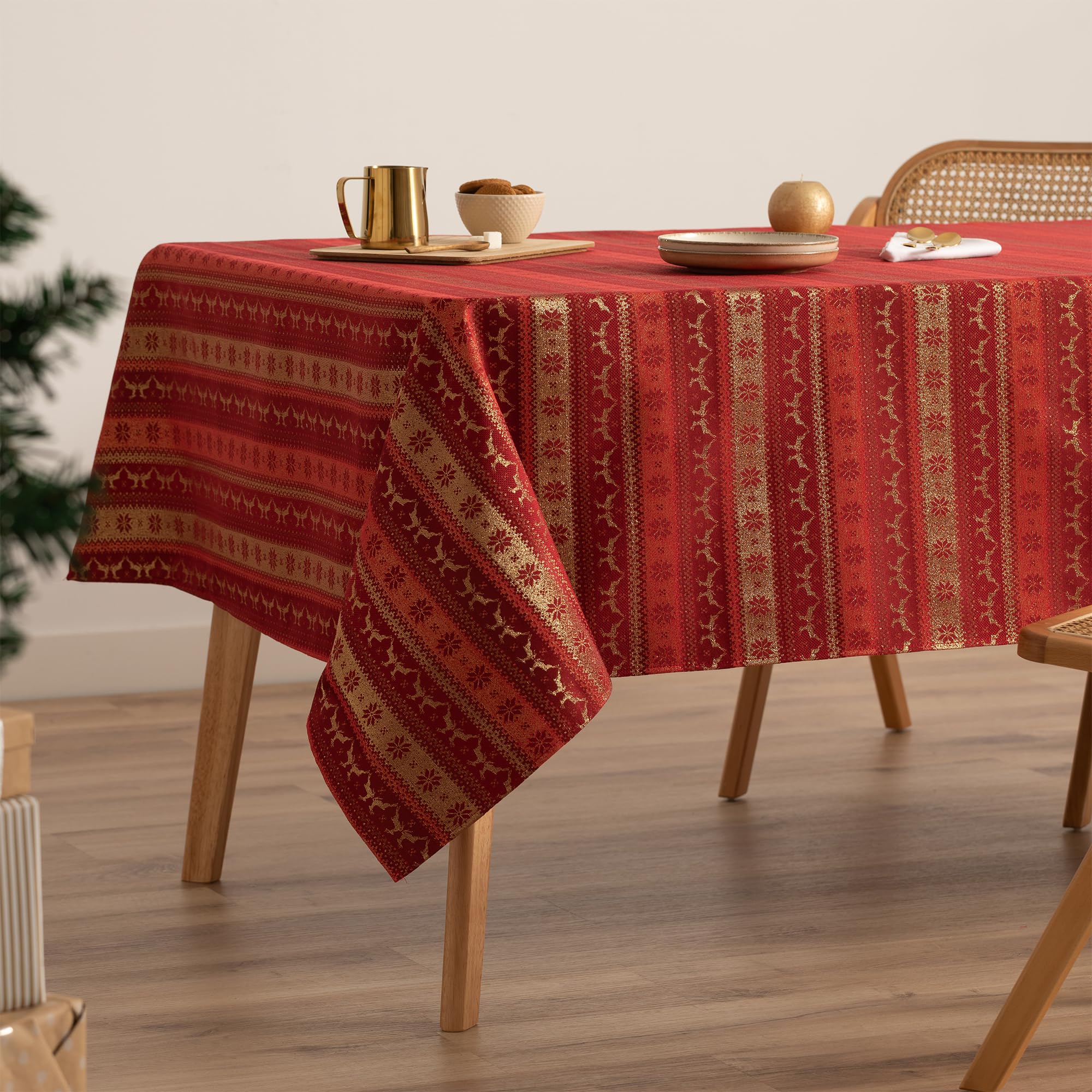 GAMUSI Mantel Navidad Jacquard Hilo Dorado Mesa Comedor Rectangular Decoración Navideña 140x100 cm Color Rojo