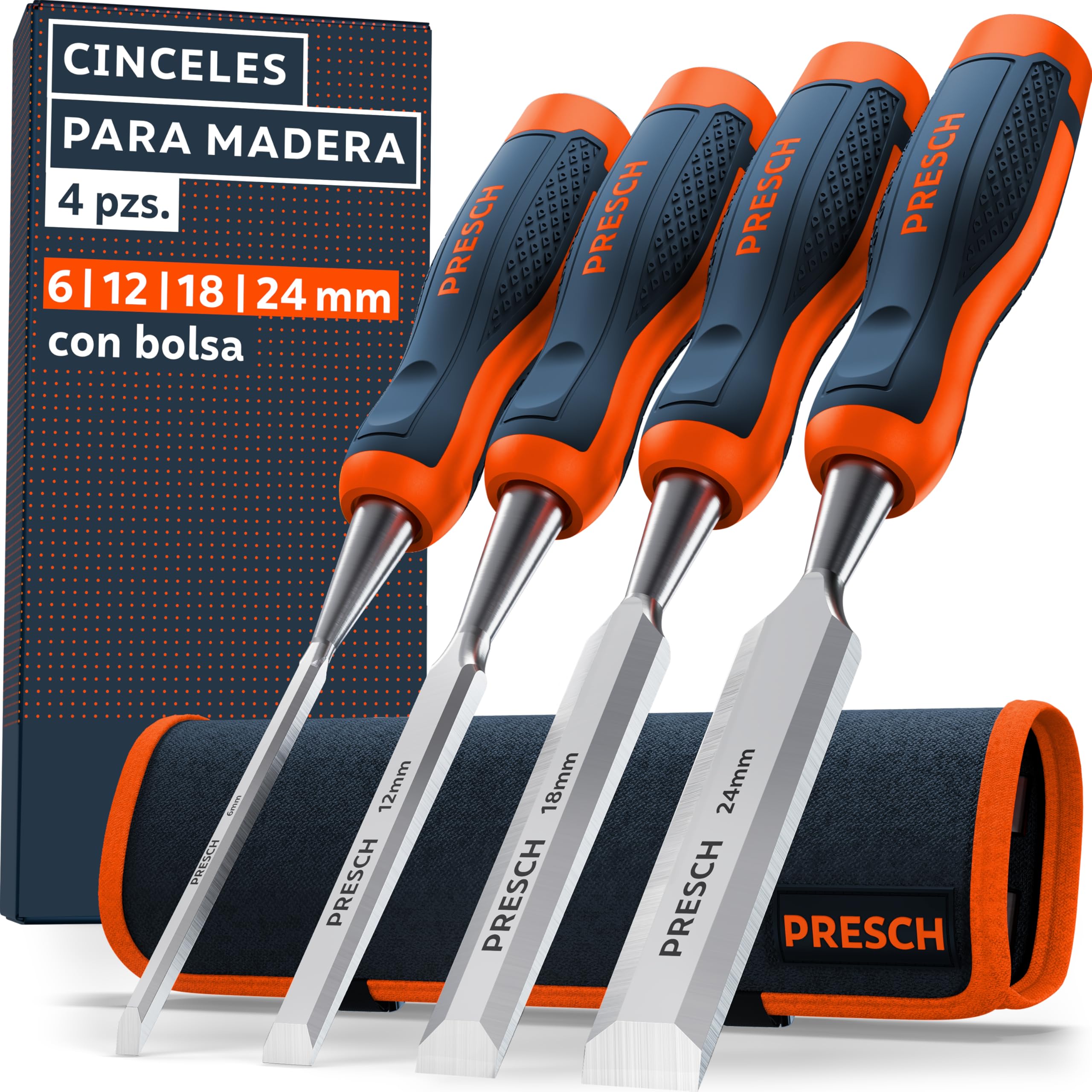 Presch Wood chisel set 4 pcs incl. bag - Fully sharpened (6, 12, 18, 24 mm) - With 25° wedge angle and robust metal impact cap