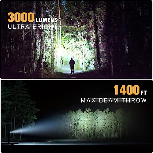 Miniatura 6 de FORTO Foco de mano de 3000 lúmenes, luz LED de largo alcance de 1400 pies con 120 horas de funcionamiento, linterna impermeable recargable IPX8 para