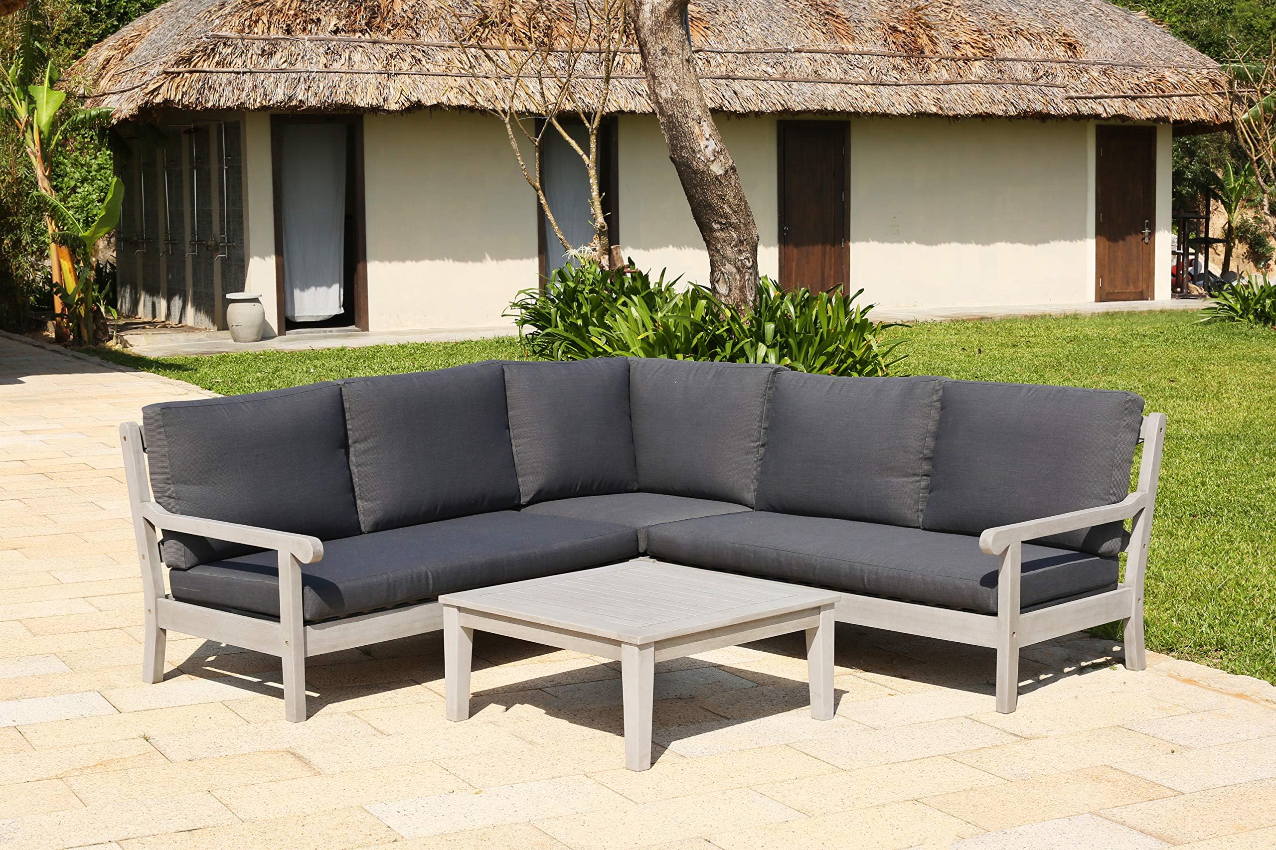 Backyard Furniture Belgrave Crossback Luxury Solid Hardwood 5 Seat Corner Garden Lounge Set with Cushions and Weatherproof Furniture Cover, Grey