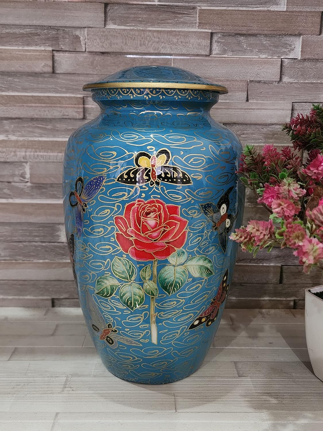 Butterflies on Rose Floral Cremation Urn - 100% Handcrafted Adult Funeral Urn - Solid Affordable Large Urn for Human Ashes, (Blue)