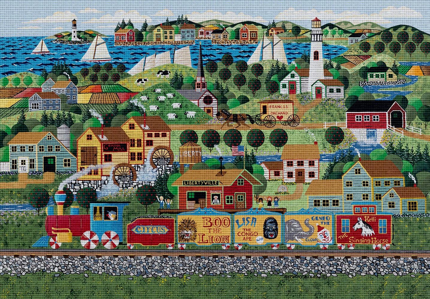 Art Needlepoint Circus Train Classic Landscape Needlepoint Canvas by Anthony Kleem