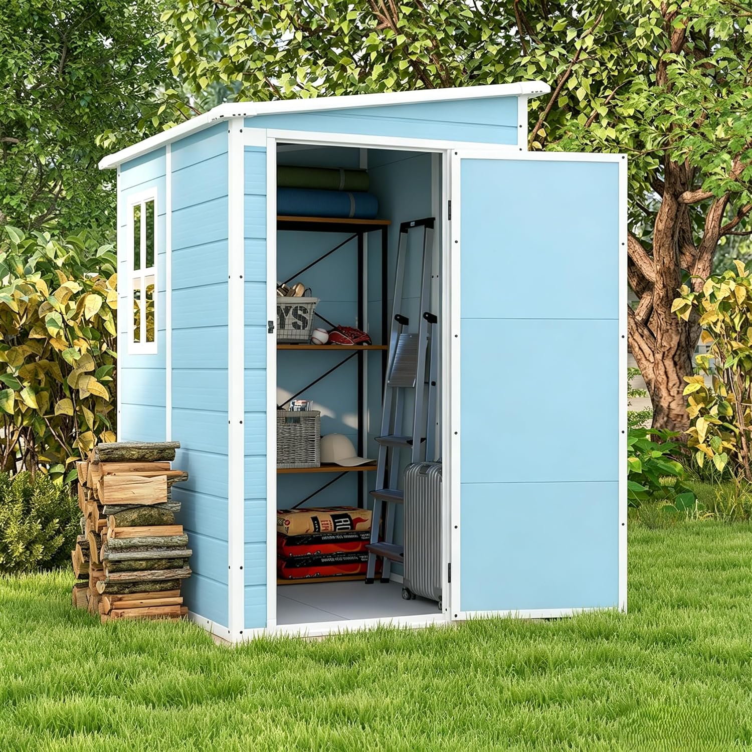 Patiowell 5x4 FT Outdoor Storage Shed with Floor, Resin Outside Storage Shed with Floor & Lockable & Window Door for Patio Furniture, Garden Tools and Bicycle, Blue