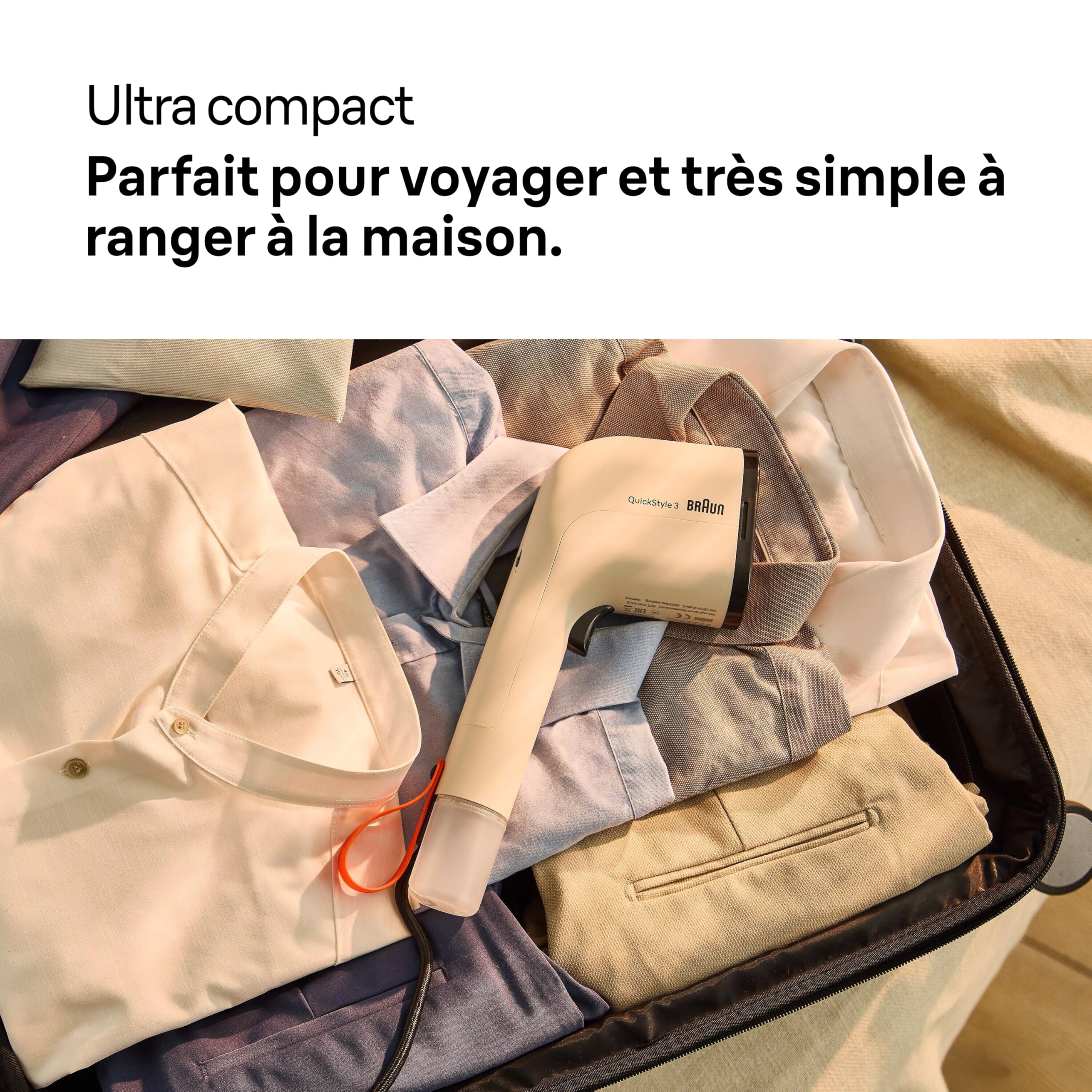 Braun QuickStyle 3, Défroisseur Vapeur Compact et Léger à Chauffage Rapide, Vapeur 20g/min, Réservoir Amovible de 70ml, Sac Résistant à la Chaleur, 1100W, Beige (GS3012BG)